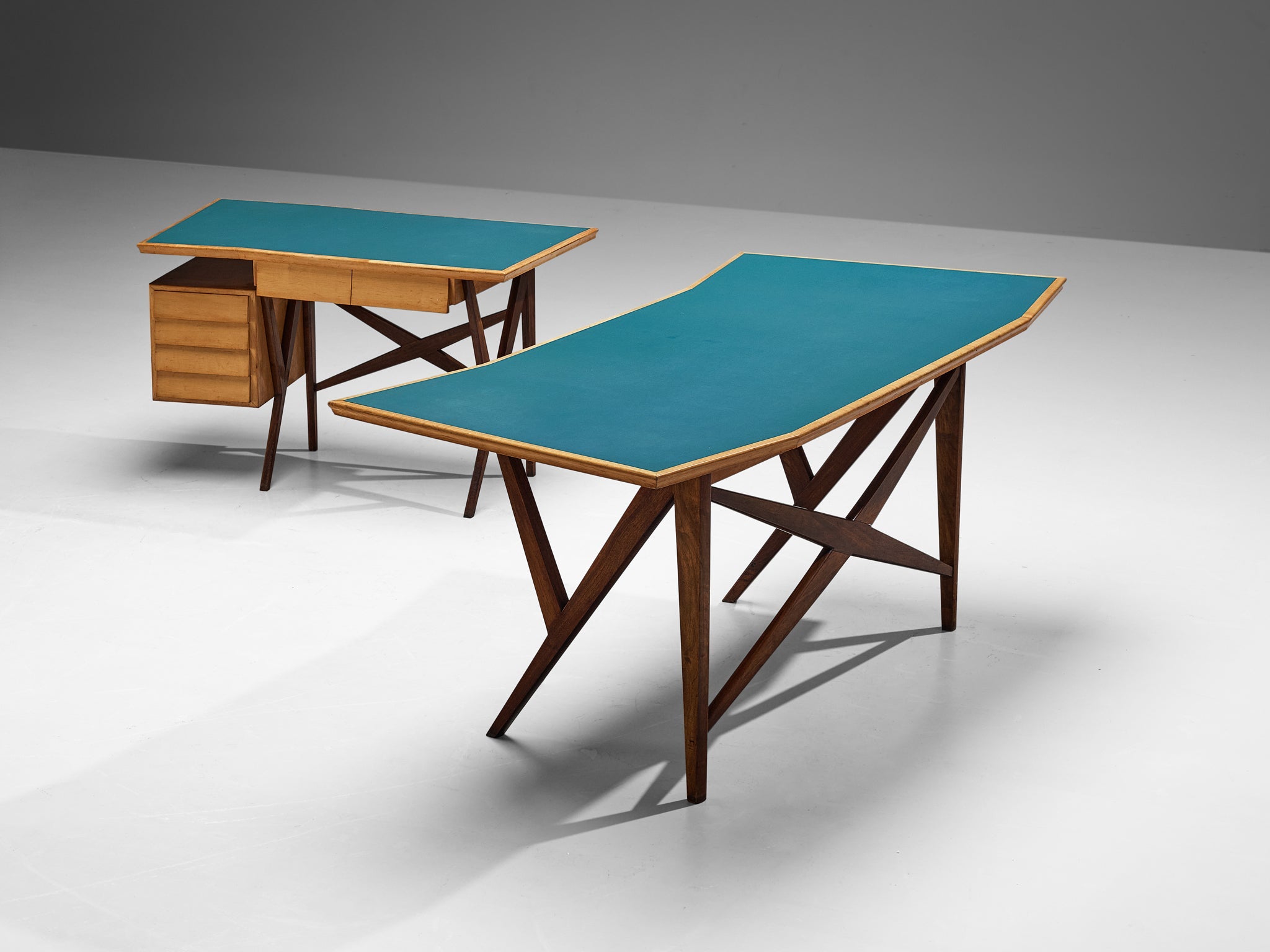 Mid-Century Italian Desk with Return in Mahogany and Maple with Turquoise Top tables Morentz