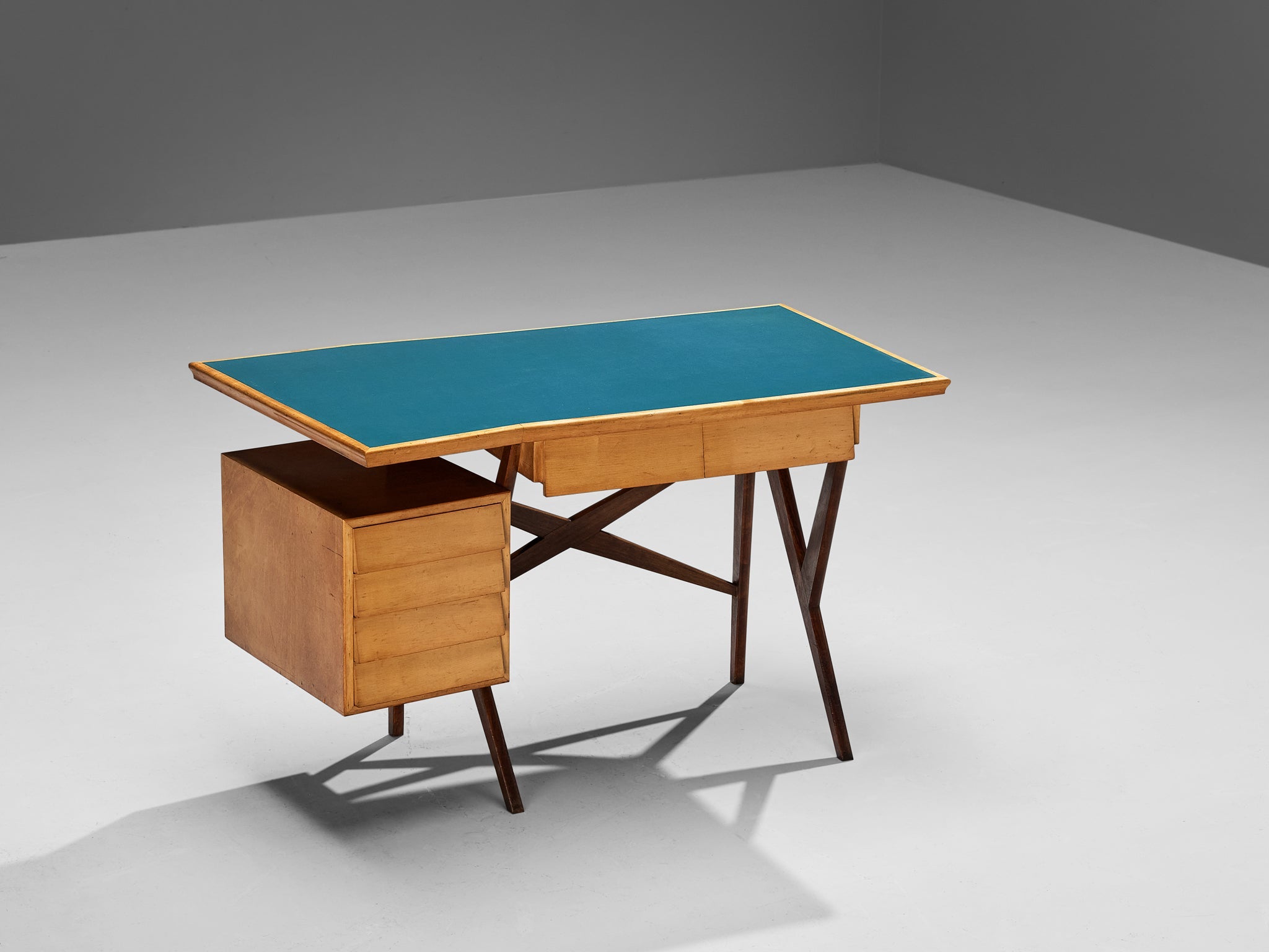 Mid-Century Italian Desk with Return in Mahogany and Maple with Turquoise Top tables Morentz