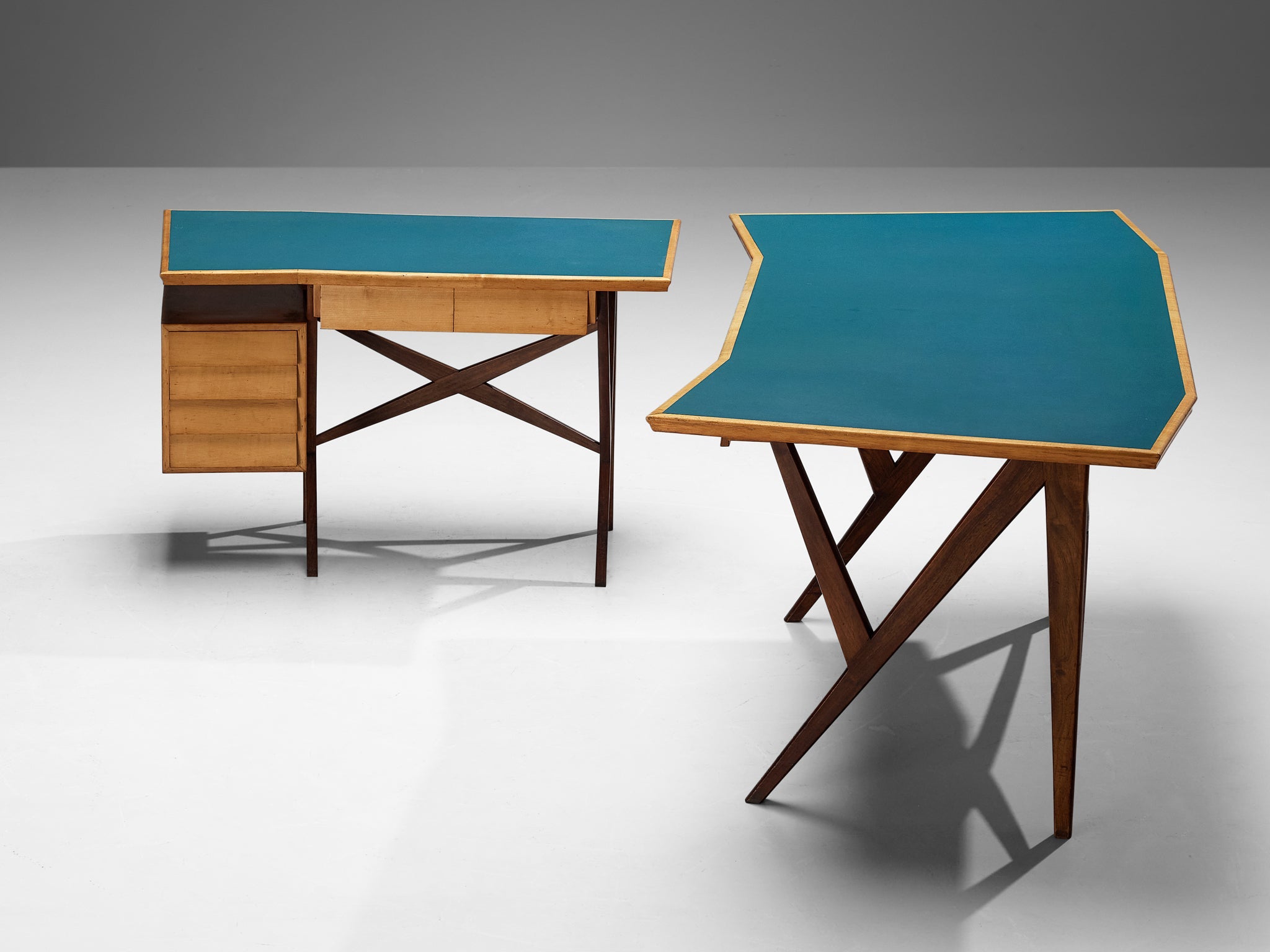 Mid-Century Italian Desk with Return in Mahogany and Maple with Turquoise Top tables Morentz