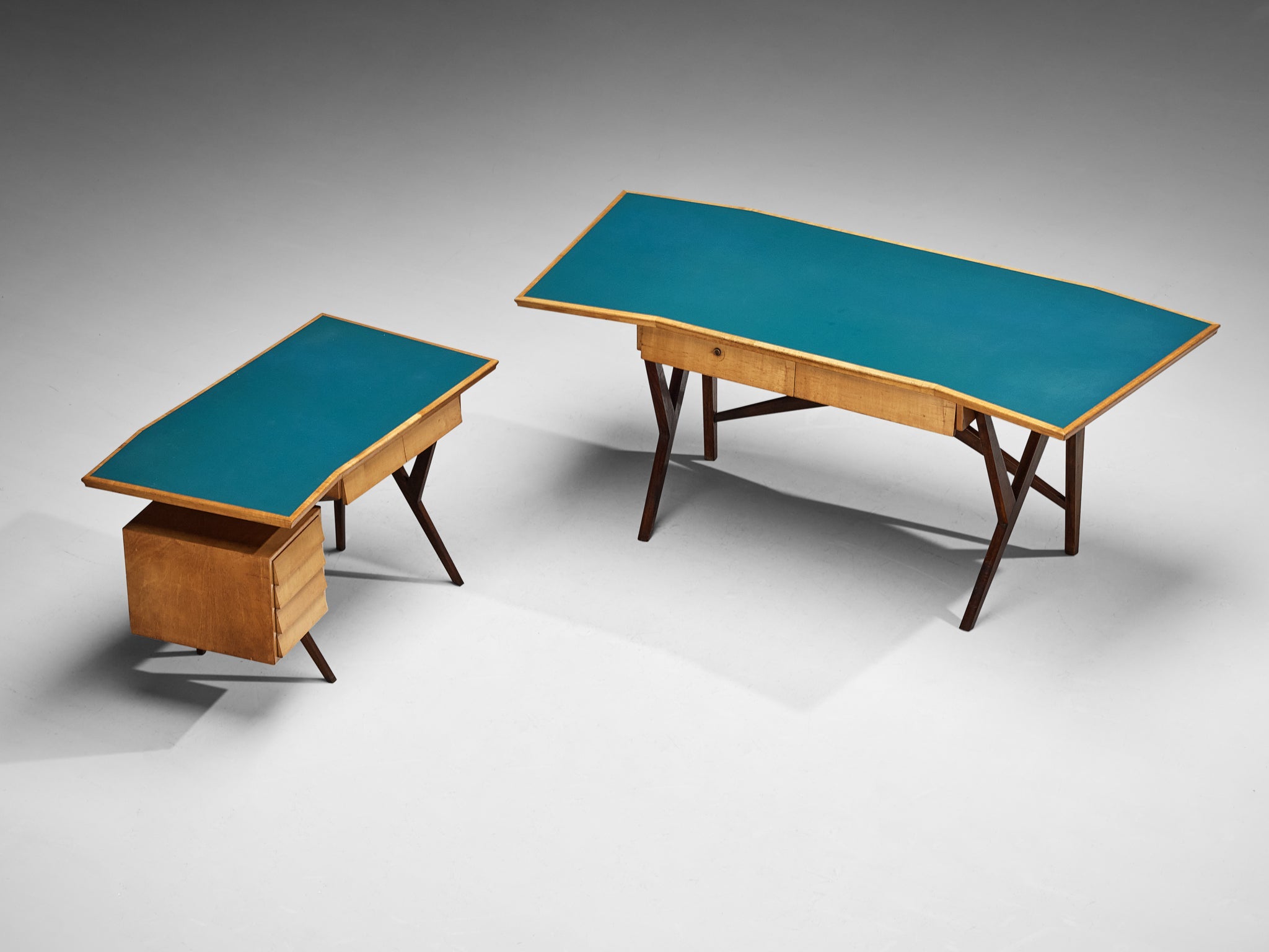 Mid-Century Italian Desk with Return in Mahogany and Maple with Turquoise Top tables Morentz