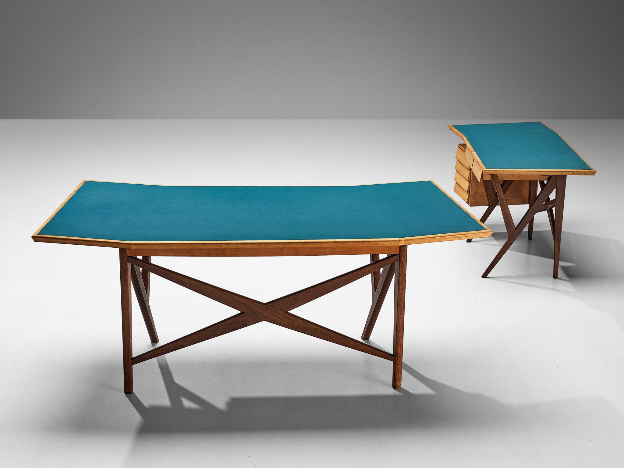 Mid-Century Italian Desk with Return in Mahogany and Maple with Turquoise Top tables Morentz