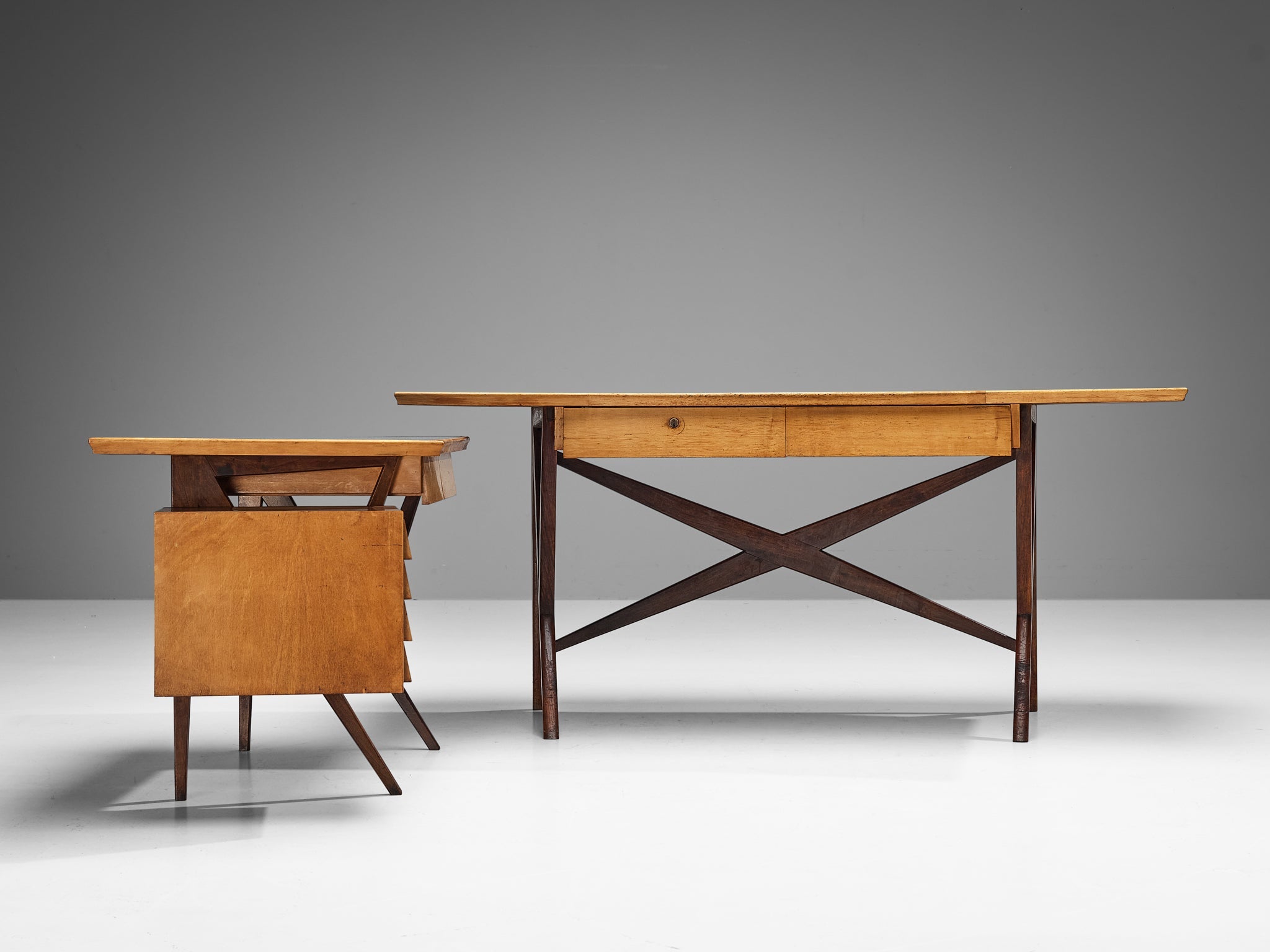 Mid-Century Italian Desk with Return in Mahogany and Maple with Turquoise Top tables Morentz