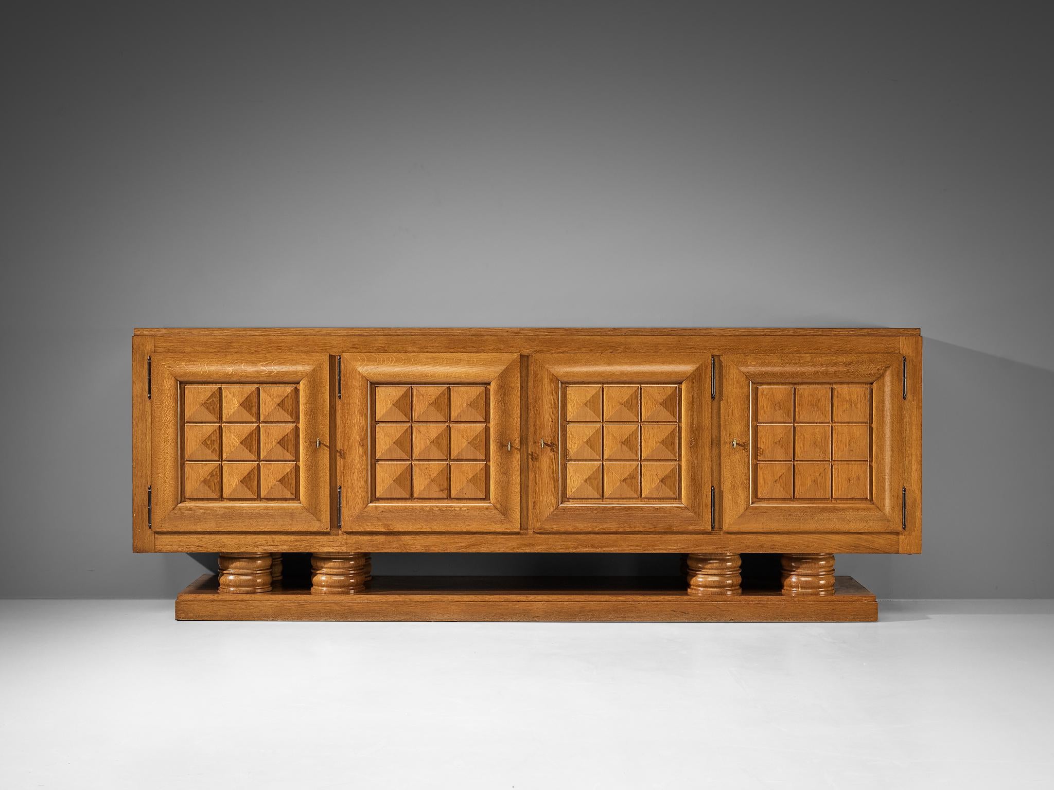 Gaston Poisson Art Deco Sideboard with Marquetry in Oak case pieces and storage cabinets Morentz