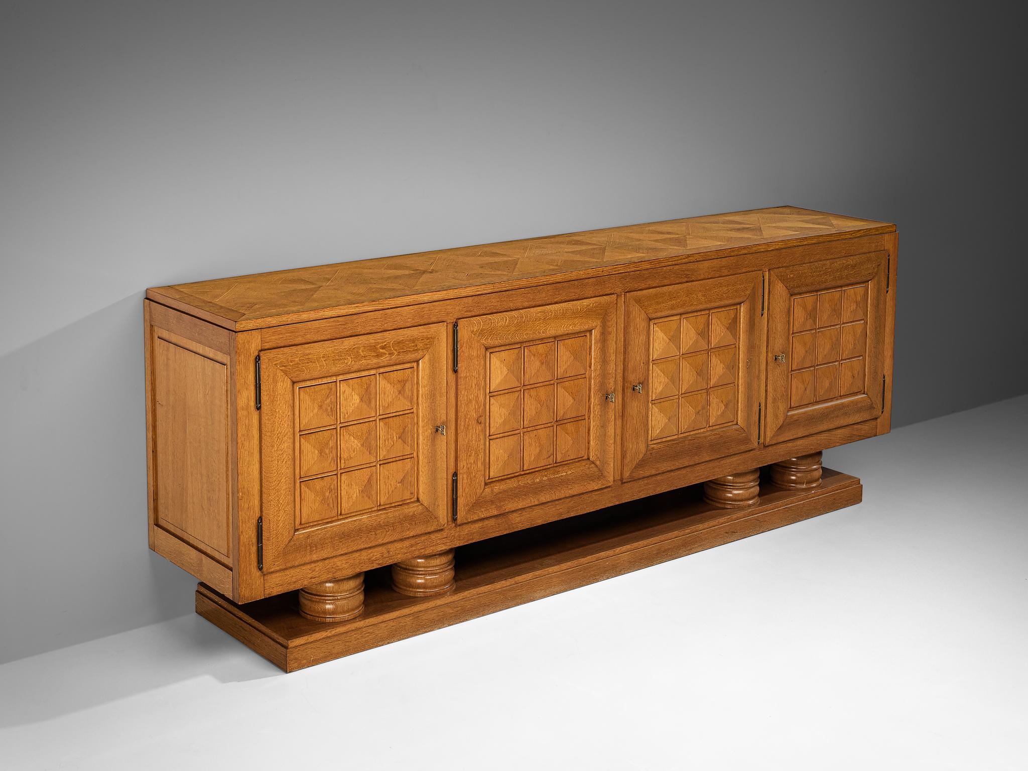 Gaston Poisson Art Deco Sideboard with Marquetry in Oak case pieces and storage cabinets Morentz