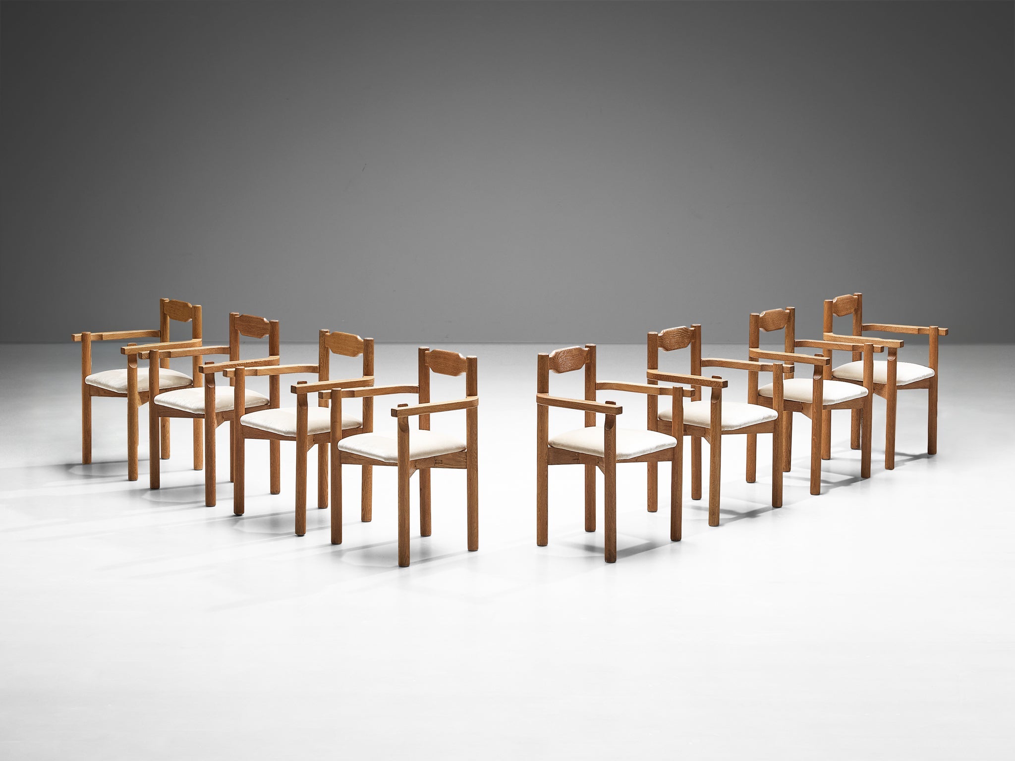 Rare Guillerme & Chambron Set of Eight Dining Chairs in Solid Oak and Mohair seating Morentz