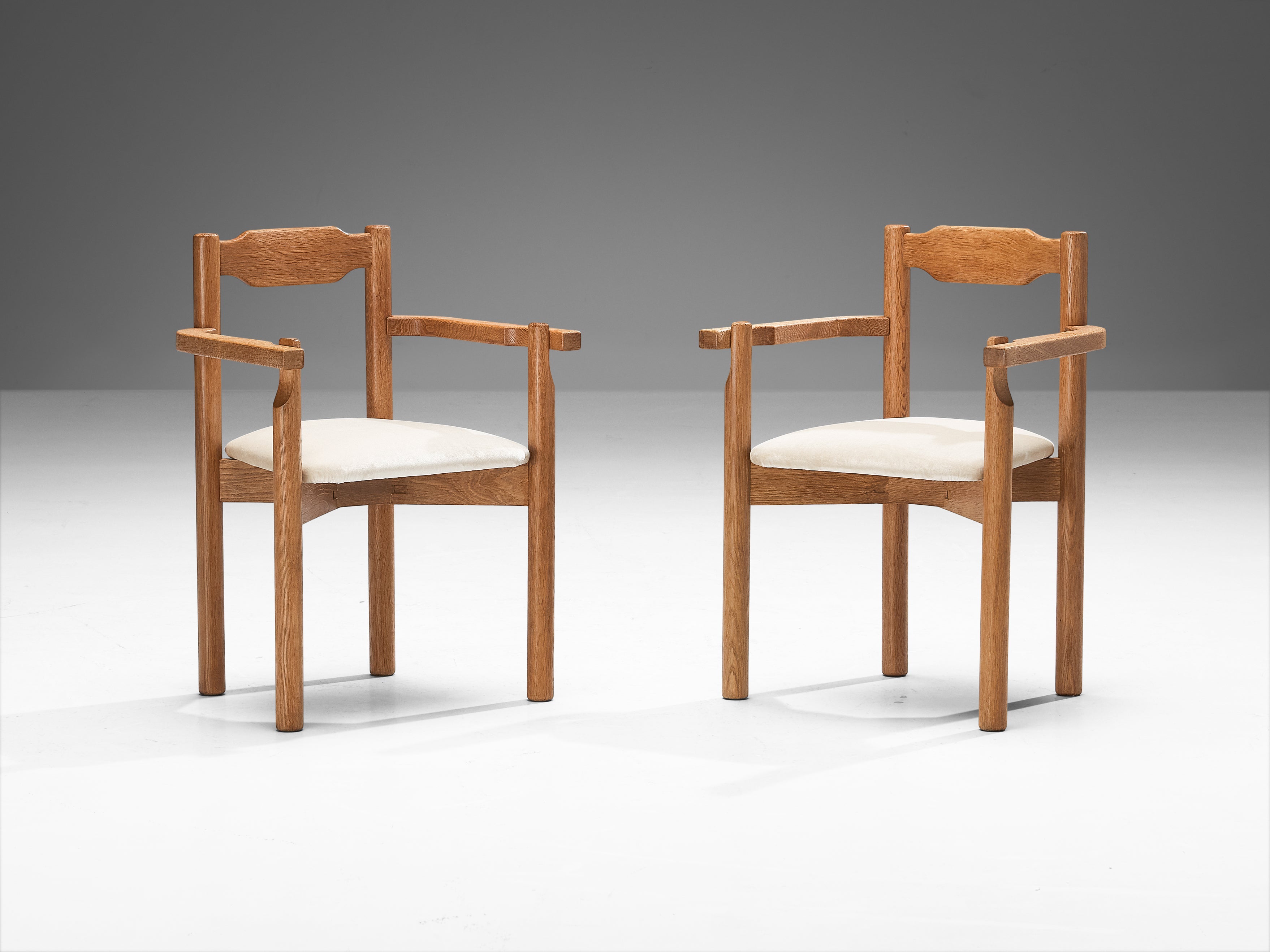 Rare Guillerme & Chambron Set of Eight Dining Chairs in Solid Oak and Mohair seating Morentz