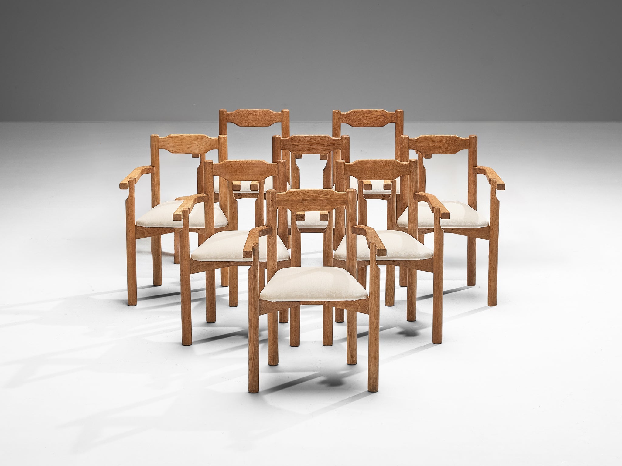 Rare Guillerme & Chambron Set of Eight Dining Chairs in Solid Oak and Mohair seating Morentz