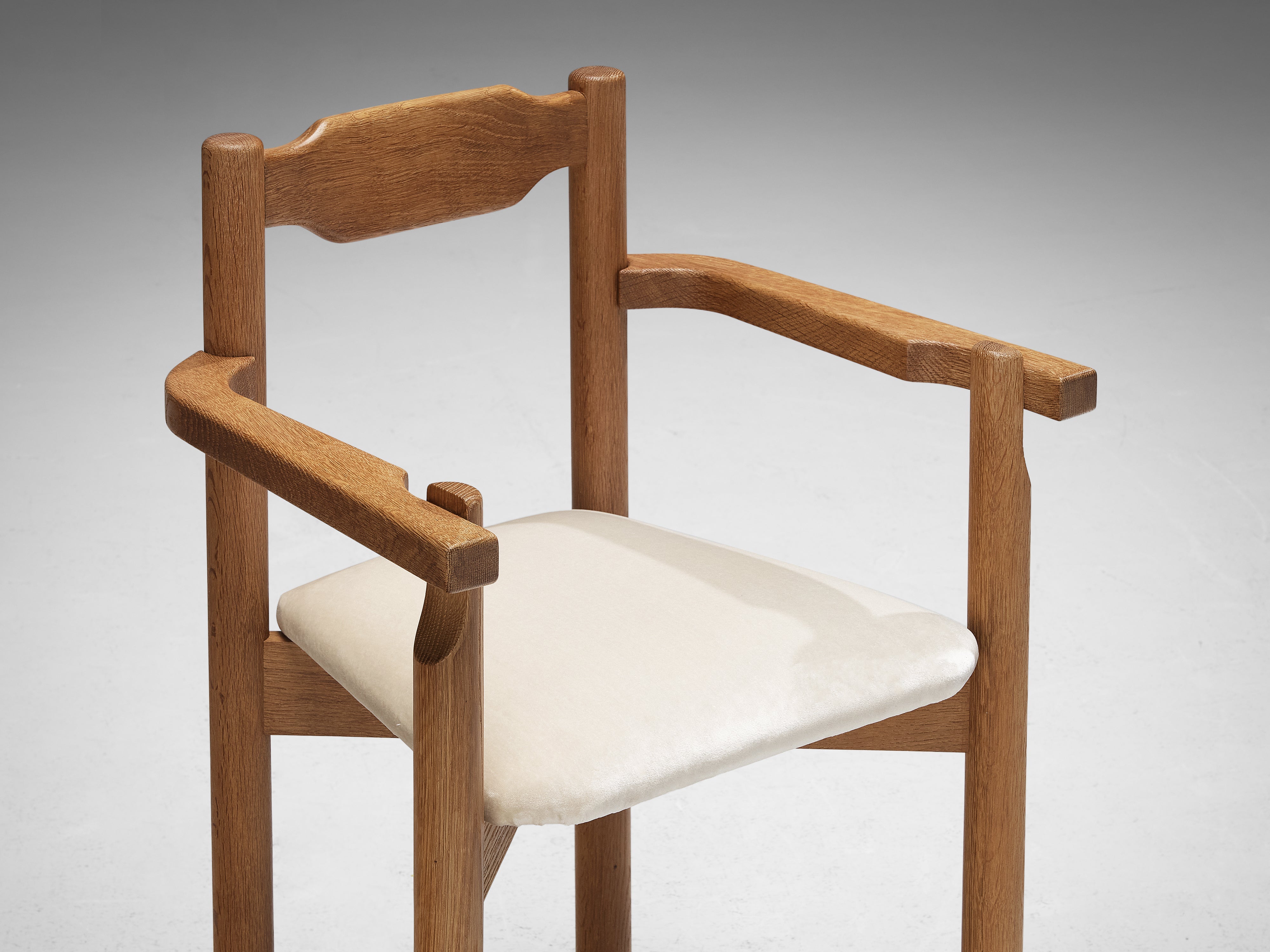Rare Guillerme & Chambron Set of Eight Dining Chairs in Solid Oak and Mohair seating Morentz