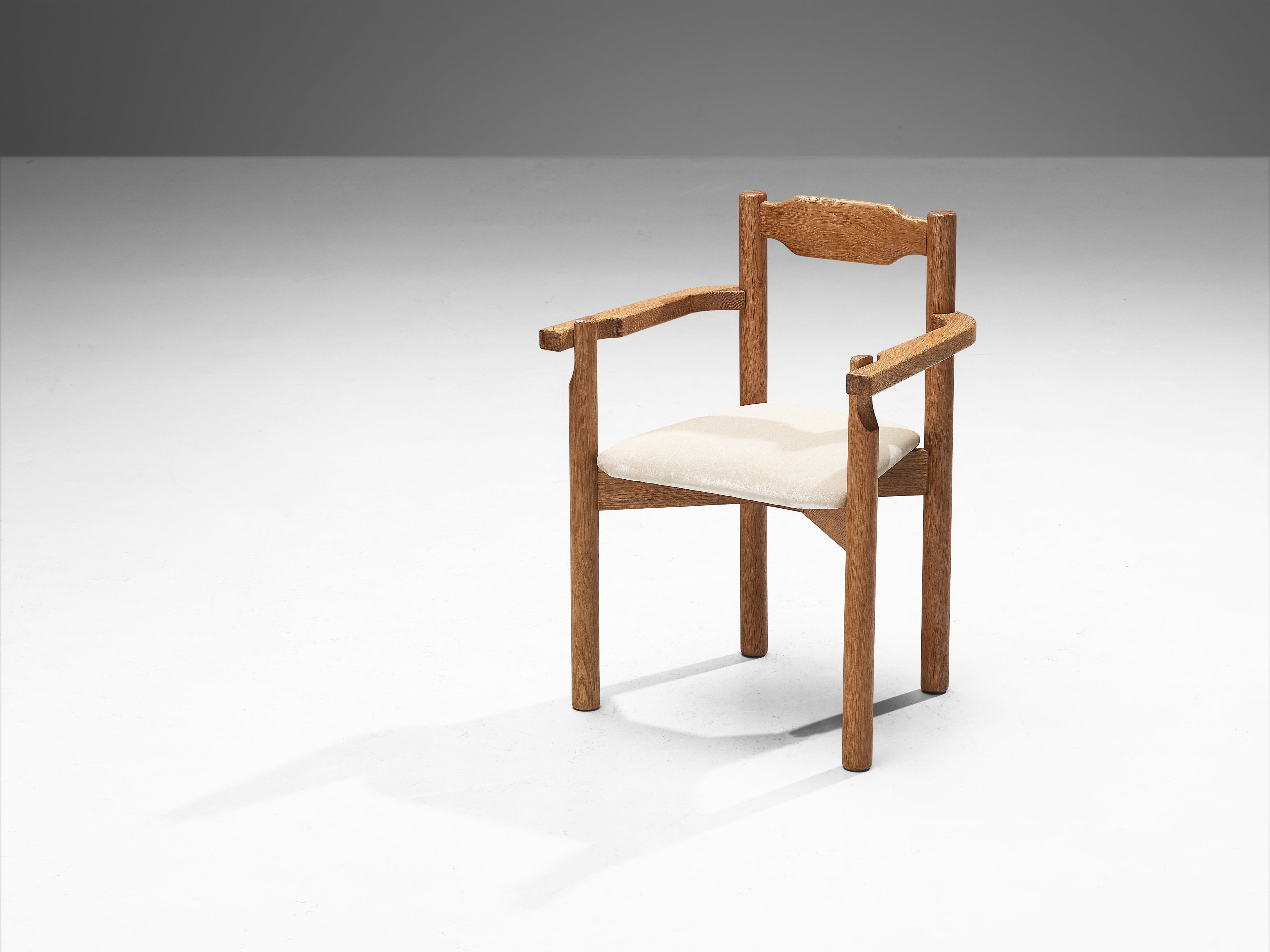 Rare Guillerme & Chambron Set of Eight Dining Chairs in Solid Oak and Mohair seating Morentz