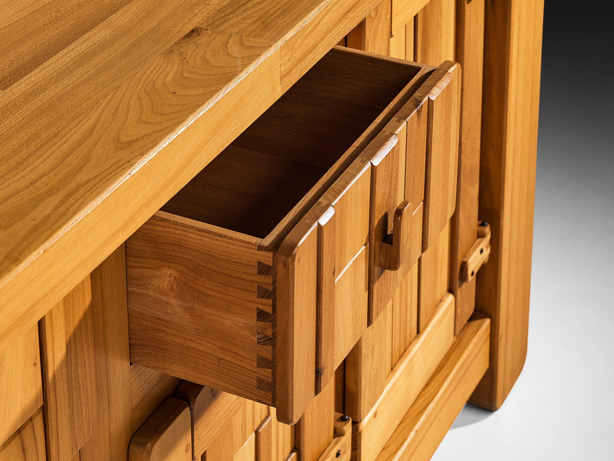 French Brutalist Sideboard with Graphic Doors in Solid Elm Case pieces and storage cabinets Morentz