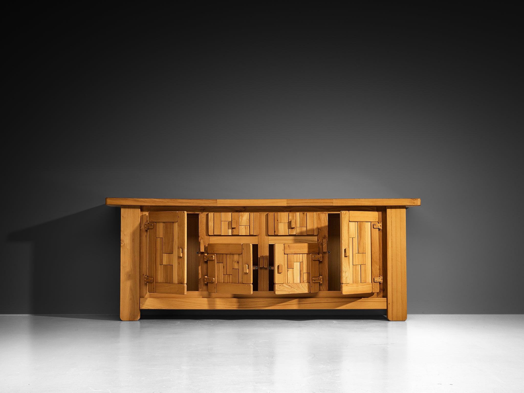 French Brutalist Sideboard with Graphic Doors in Solid Elm Case pieces and storage cabinets Morentz