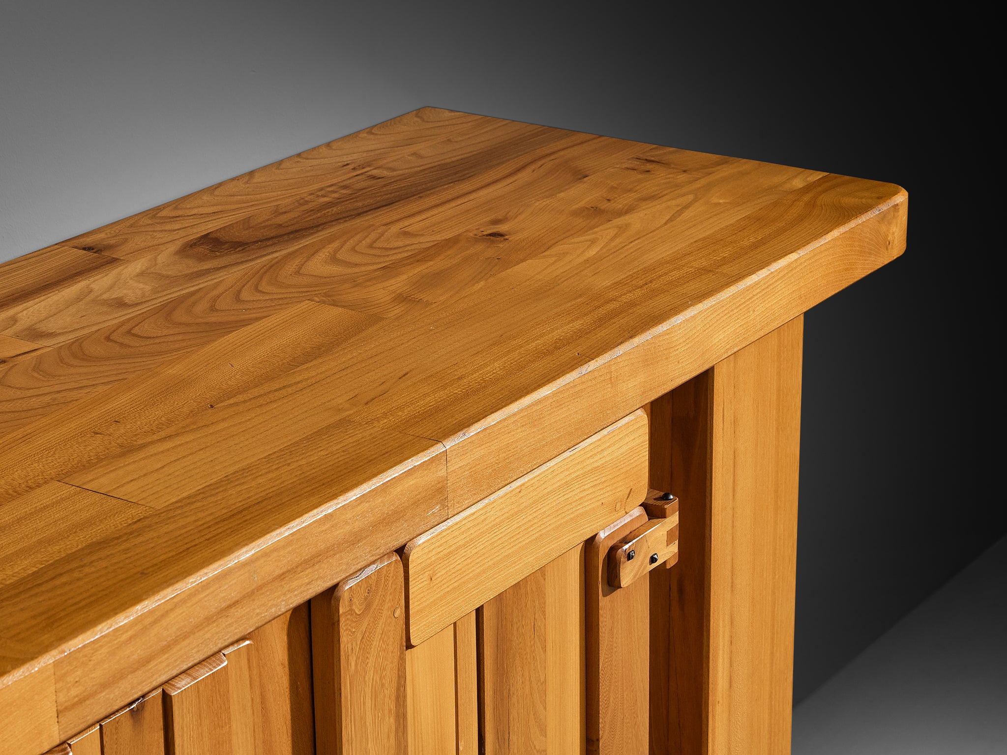 French Brutalist Sideboard with Graphic Doors in Solid Elm Case pieces and storage cabinets Morentz