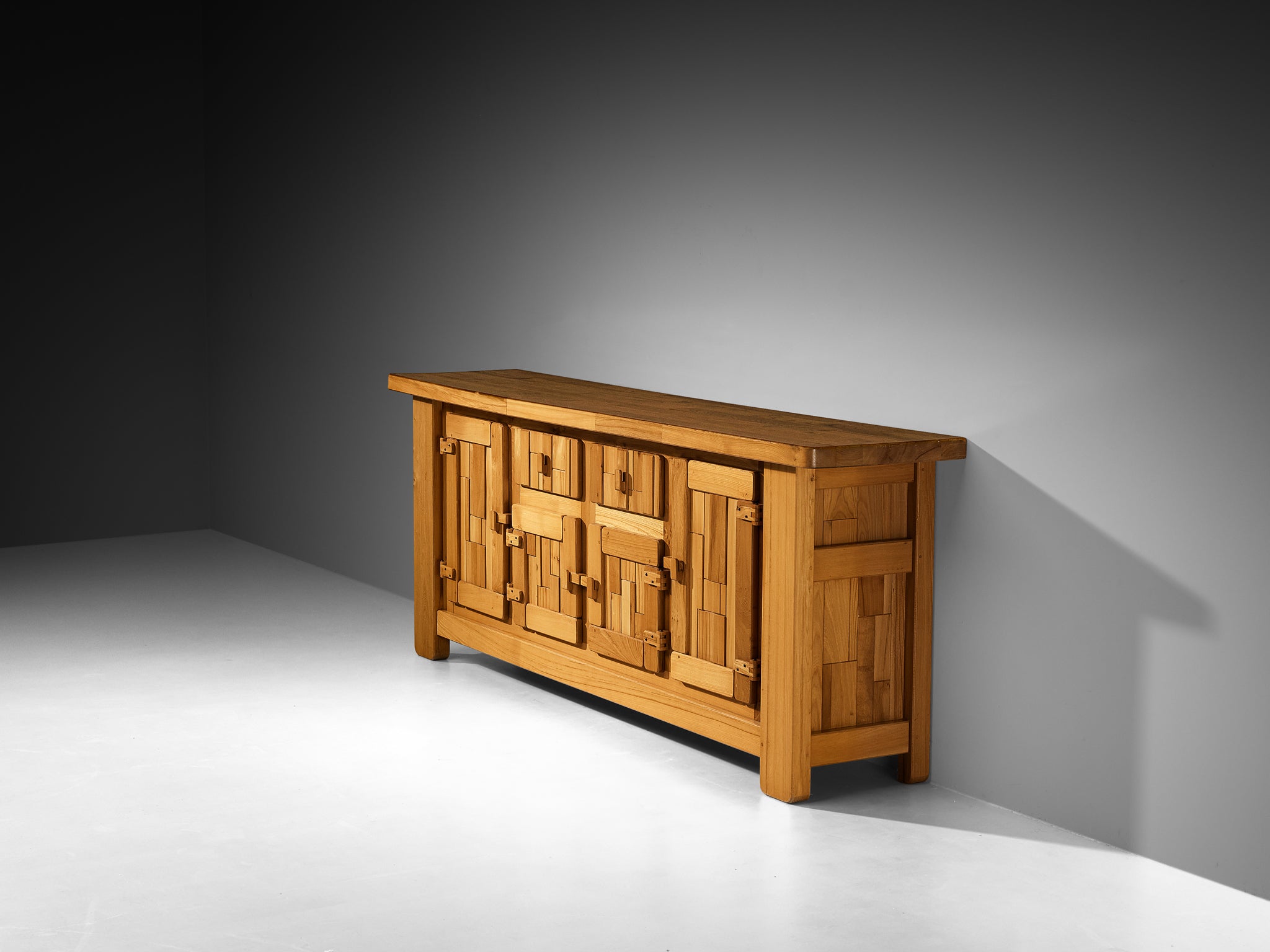 French Brutalist Sideboard with Graphic Doors in Solid Elm Case pieces and storage cabinets Morentz