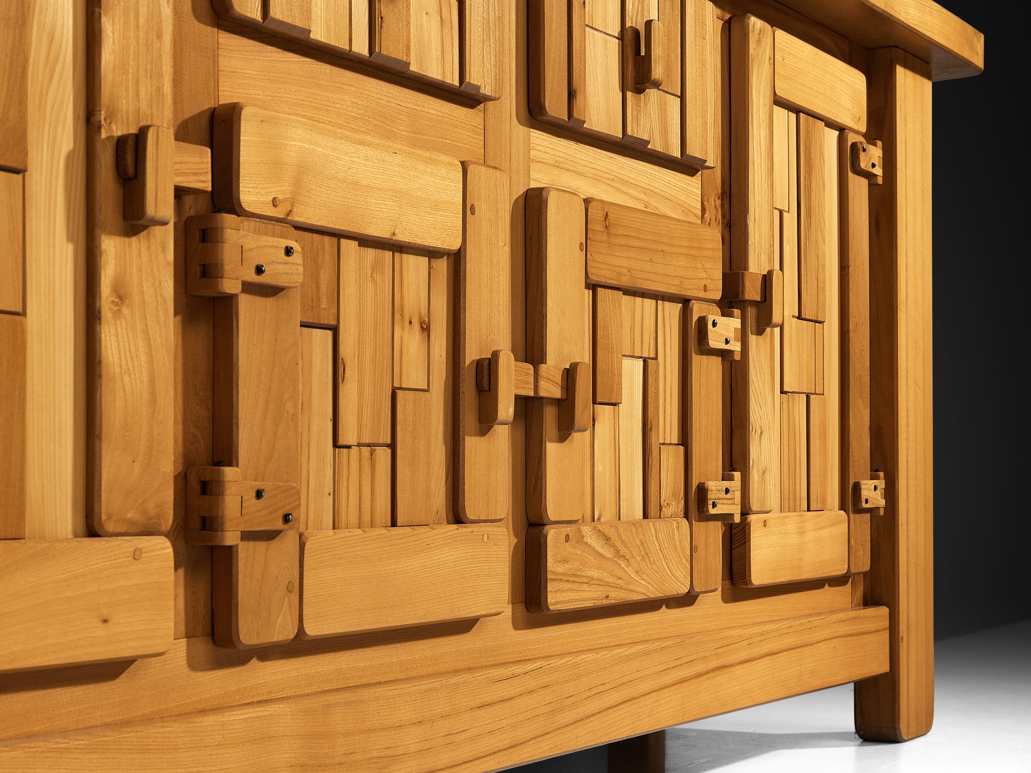 French Brutalist Sideboard with Graphic Doors in Solid Elm Case pieces and storage cabinets Morentz