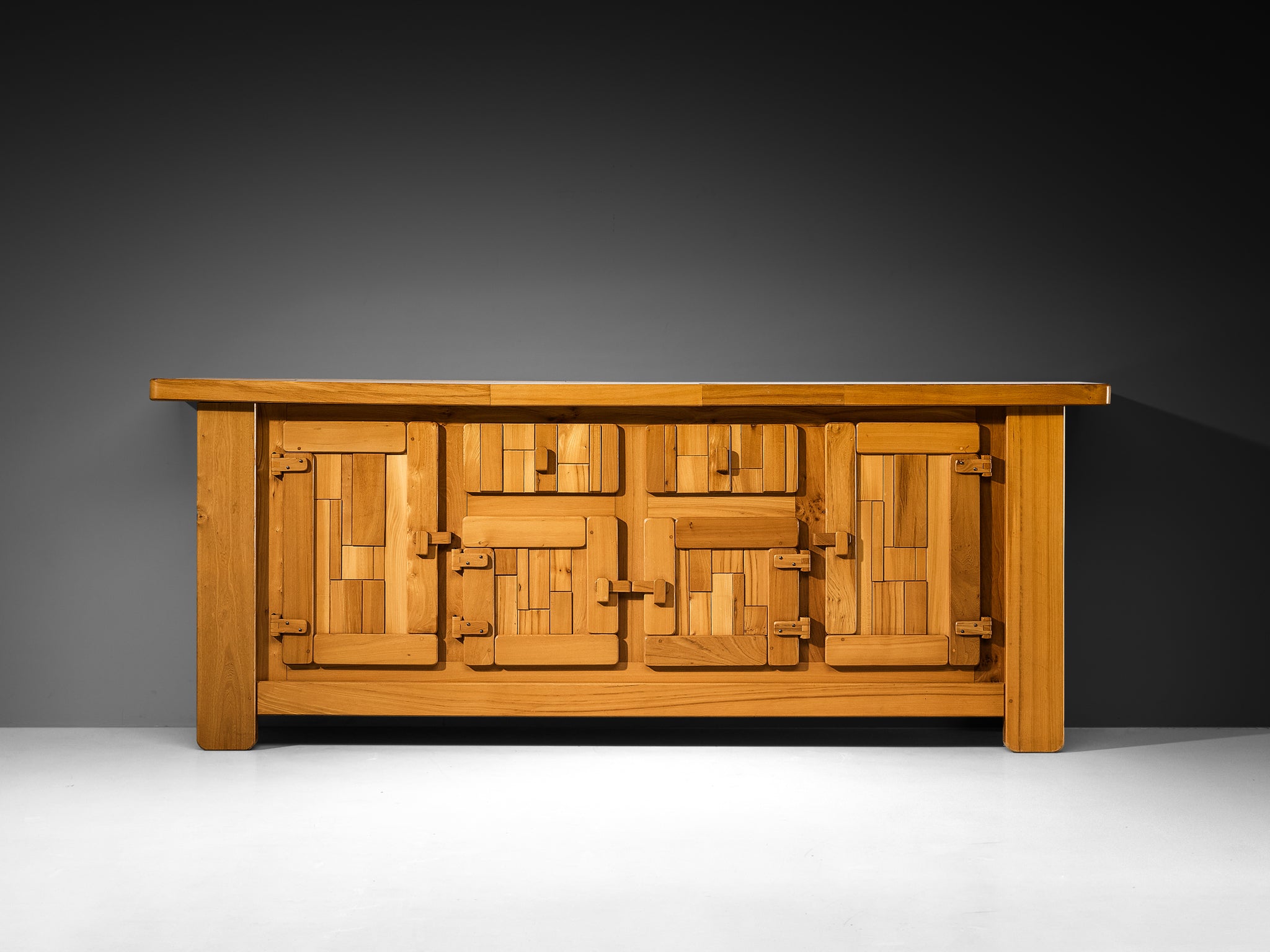 French Brutalist Sideboard with Graphic Doors in Solid Elm Case pieces and storage cabinets Morentz