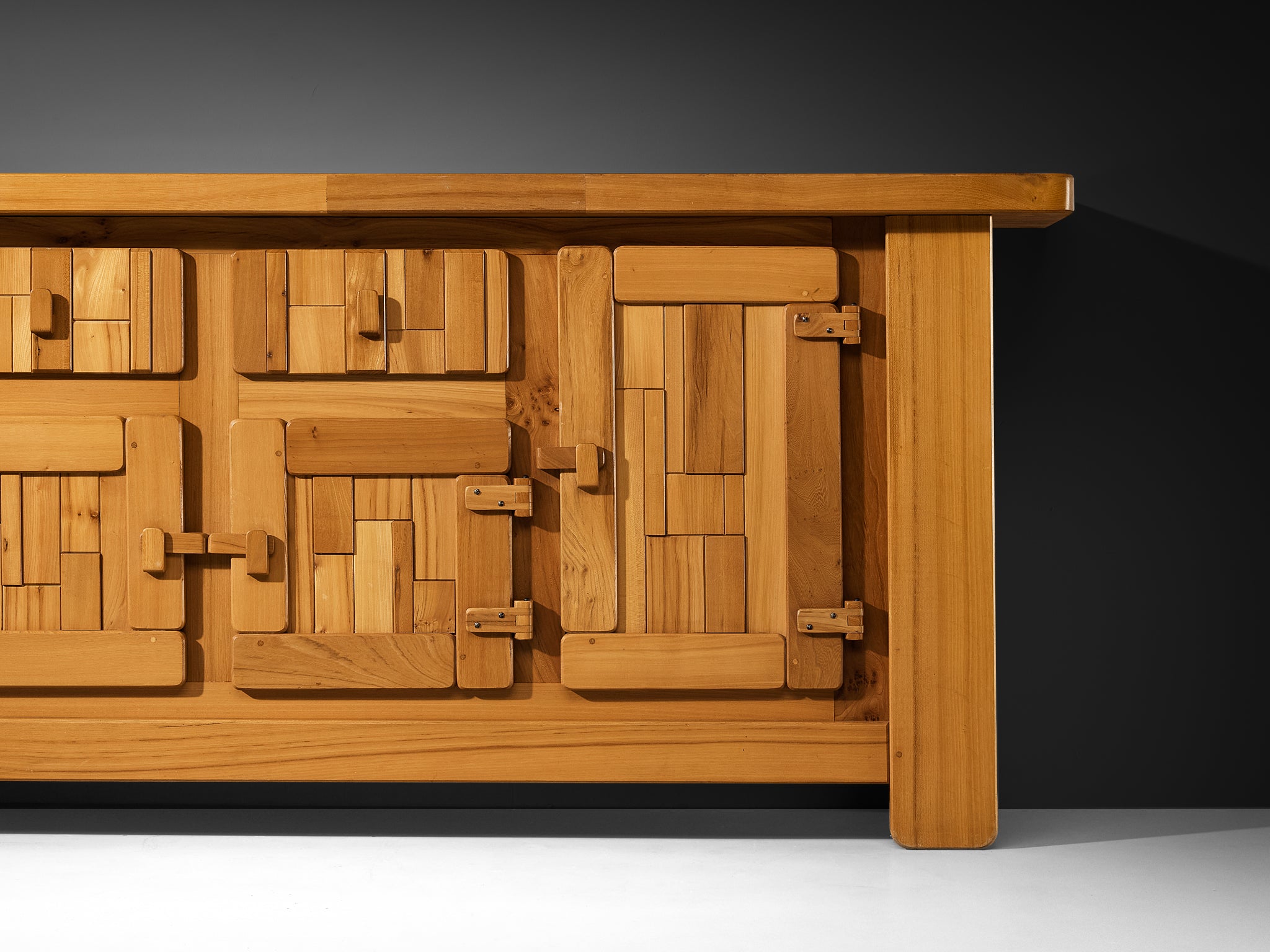 French Brutalist Sideboard with Graphic Doors in Solid Elm Case pieces and storage cabinets Morentz
