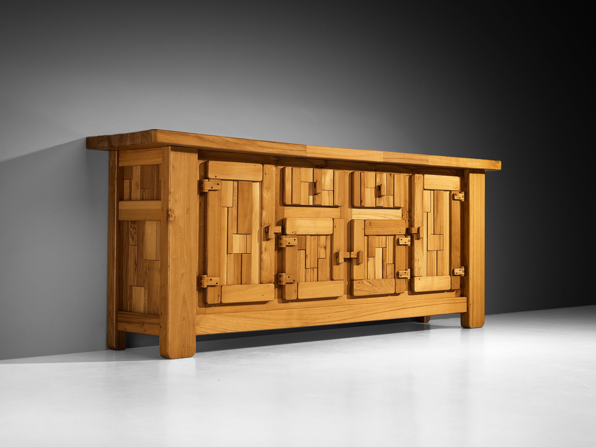 French Brutalist Sideboard with Graphic Doors in Solid Elm Case pieces and storage cabinets Morentz