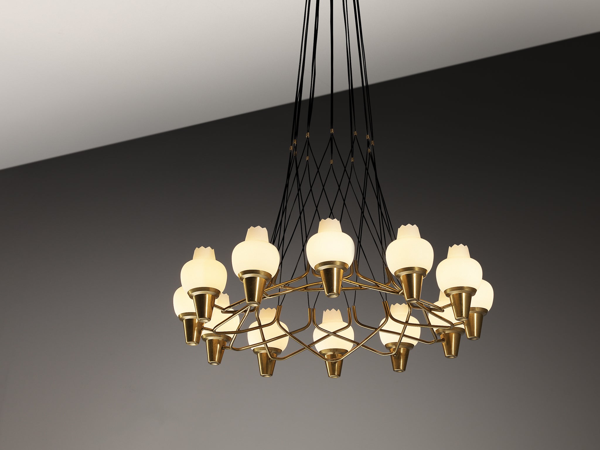 Hans Bergström for Ateljé Lyktan Chandelier in Brass and Frosted White Glass Lighting Morentz