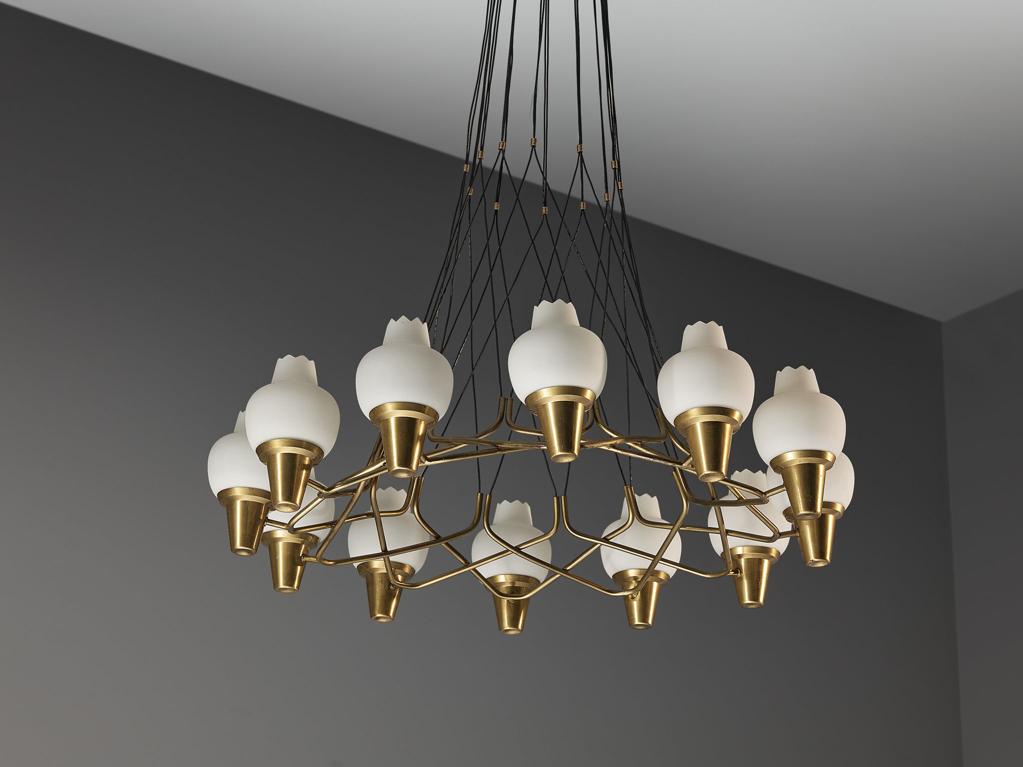 Hans Bergström for Ateljé Lyktan Chandelier in Brass and Frosted White Glass Lighting Morentz