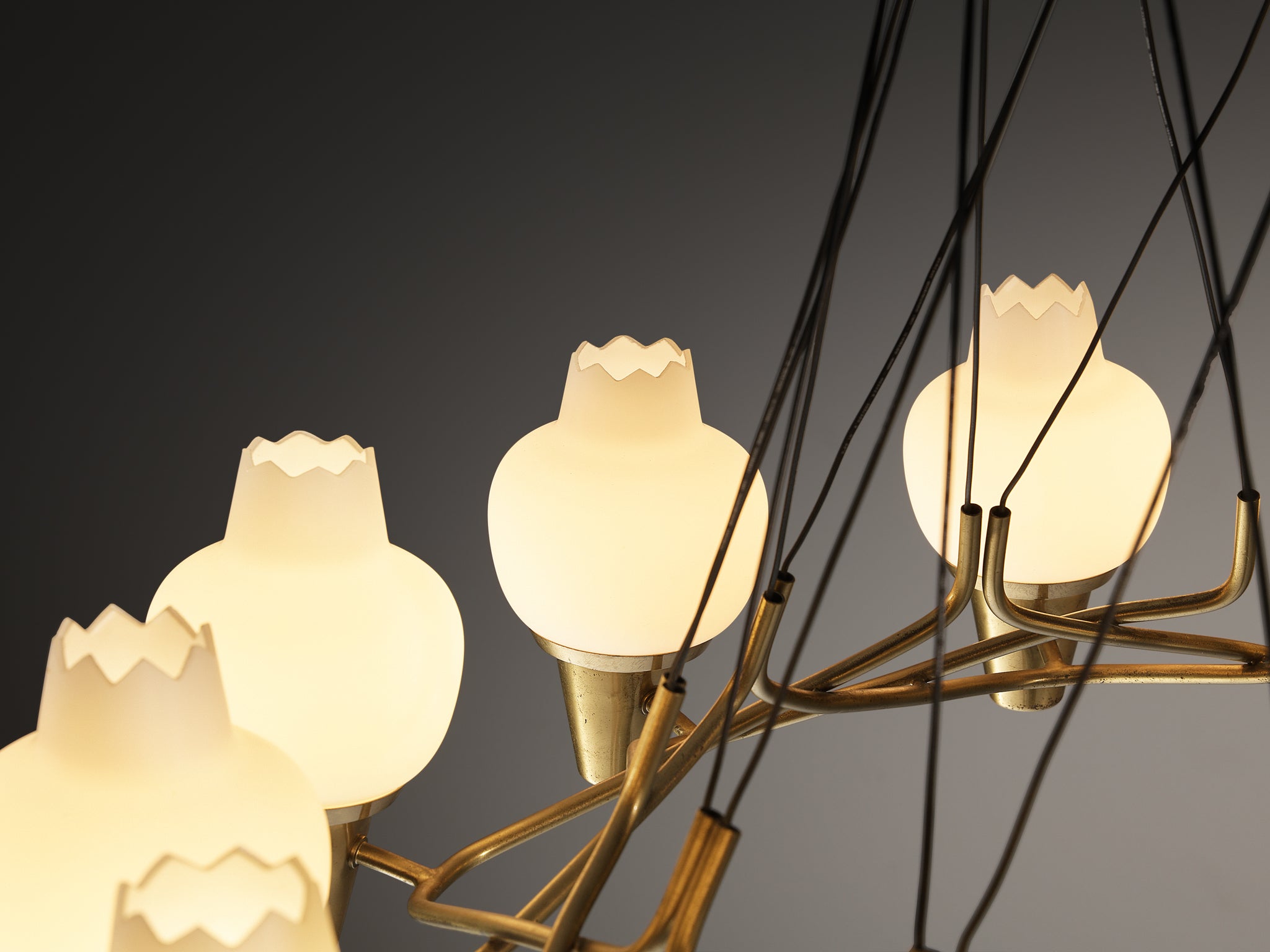 Hans Bergström for Ateljé Lyktan Chandeliers in Brass and Frosted White Glass Lighting Morentz