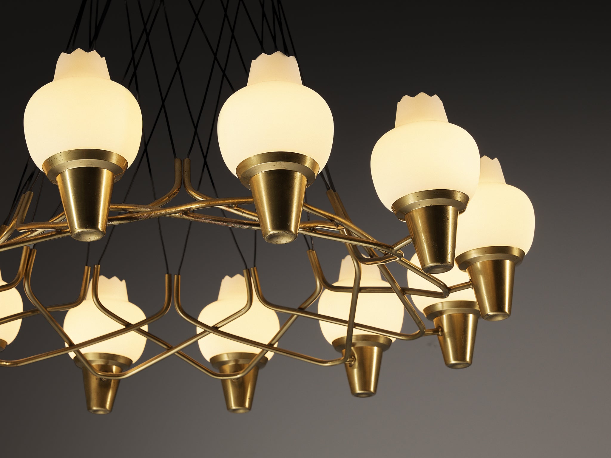 Hans Bergström for Ateljé Lyktan Chandeliers in Brass and Frosted White Glass Lighting Morentz