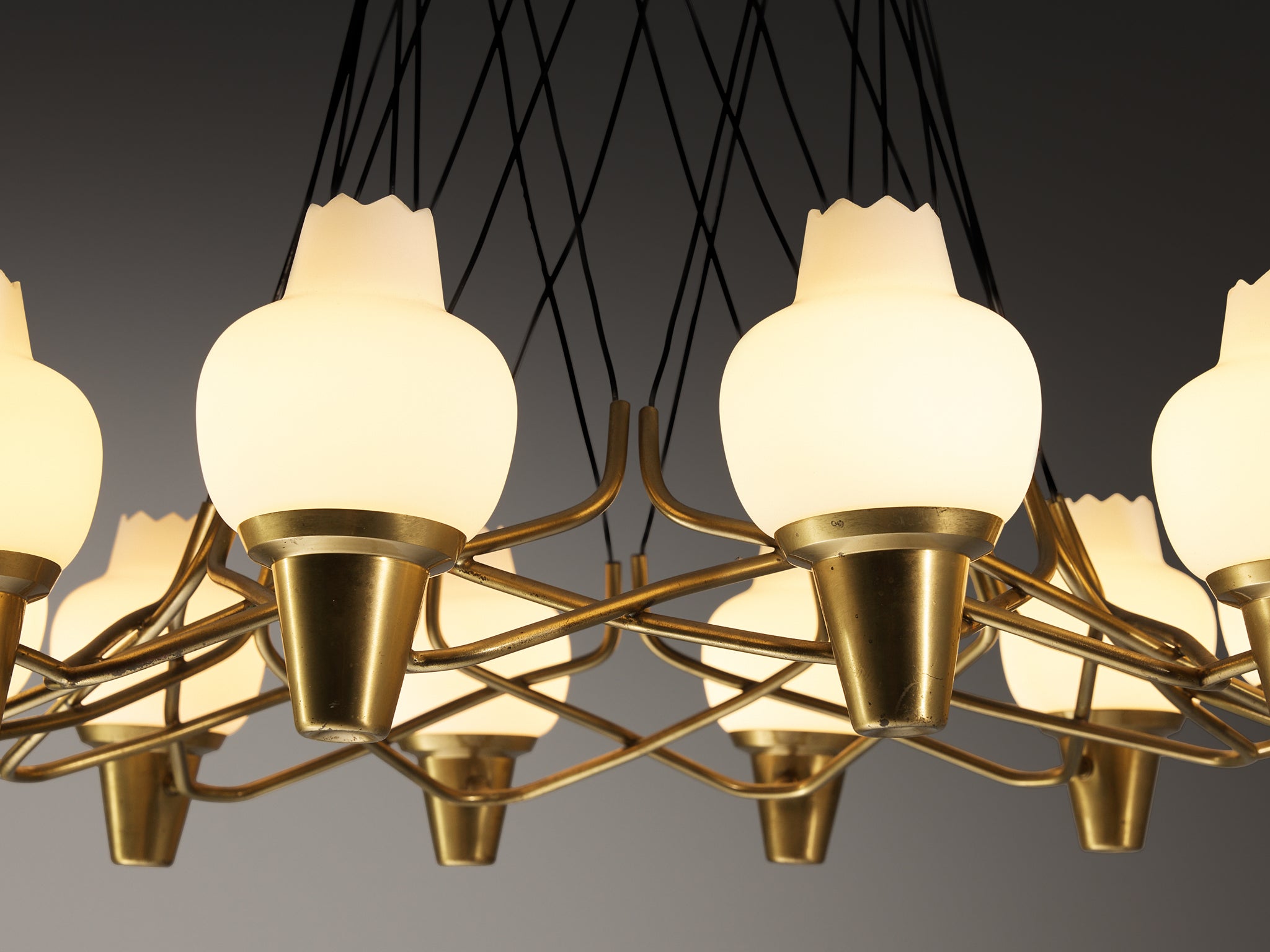 Hans Bergström for Ateljé Lyktan Chandeliers in Brass and Frosted White Glass Lighting Morentz