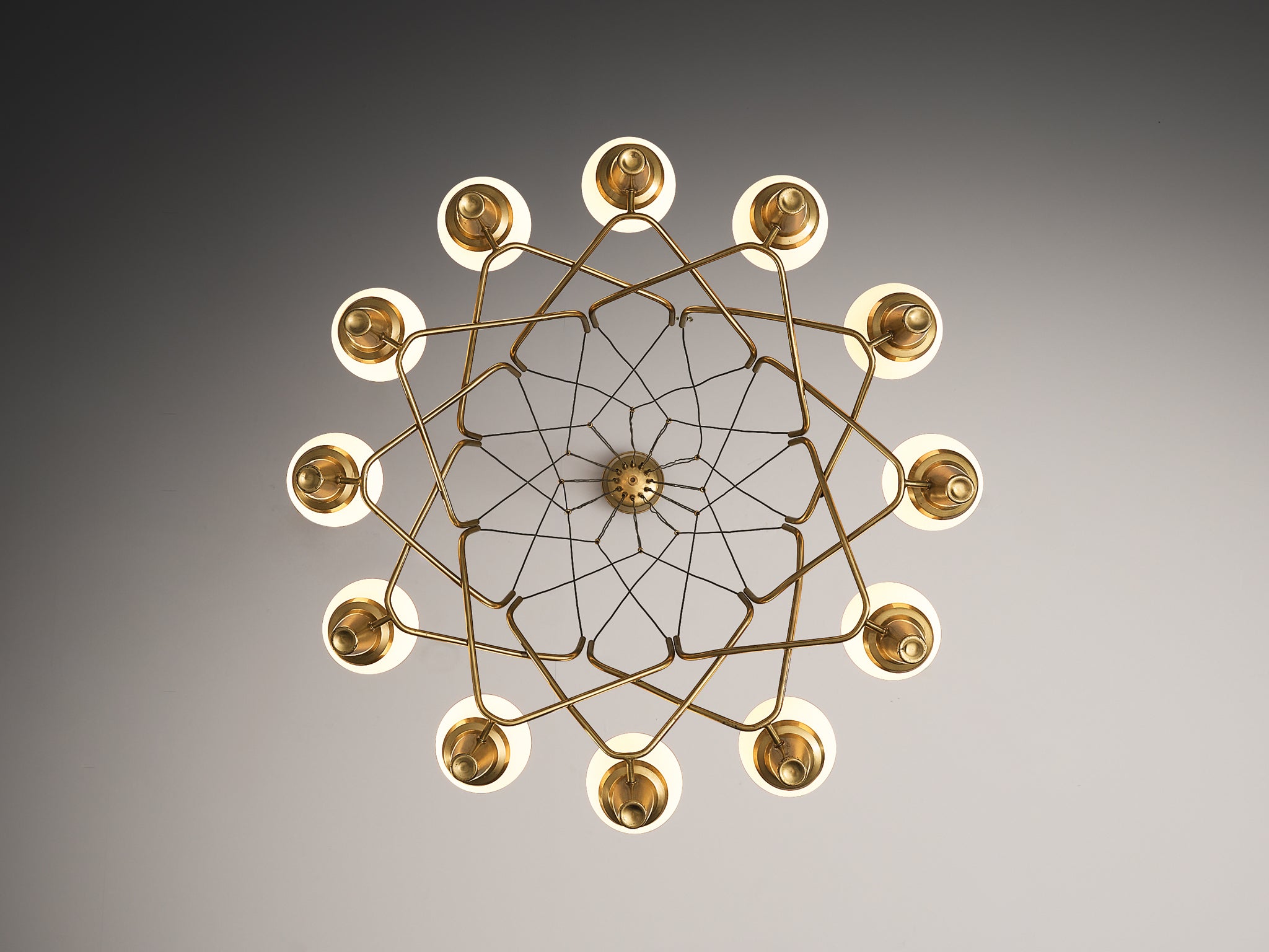 Hans Bergström for Ateljé Lyktan Chandeliers in Brass and Frosted White Glass Lighting Morentz