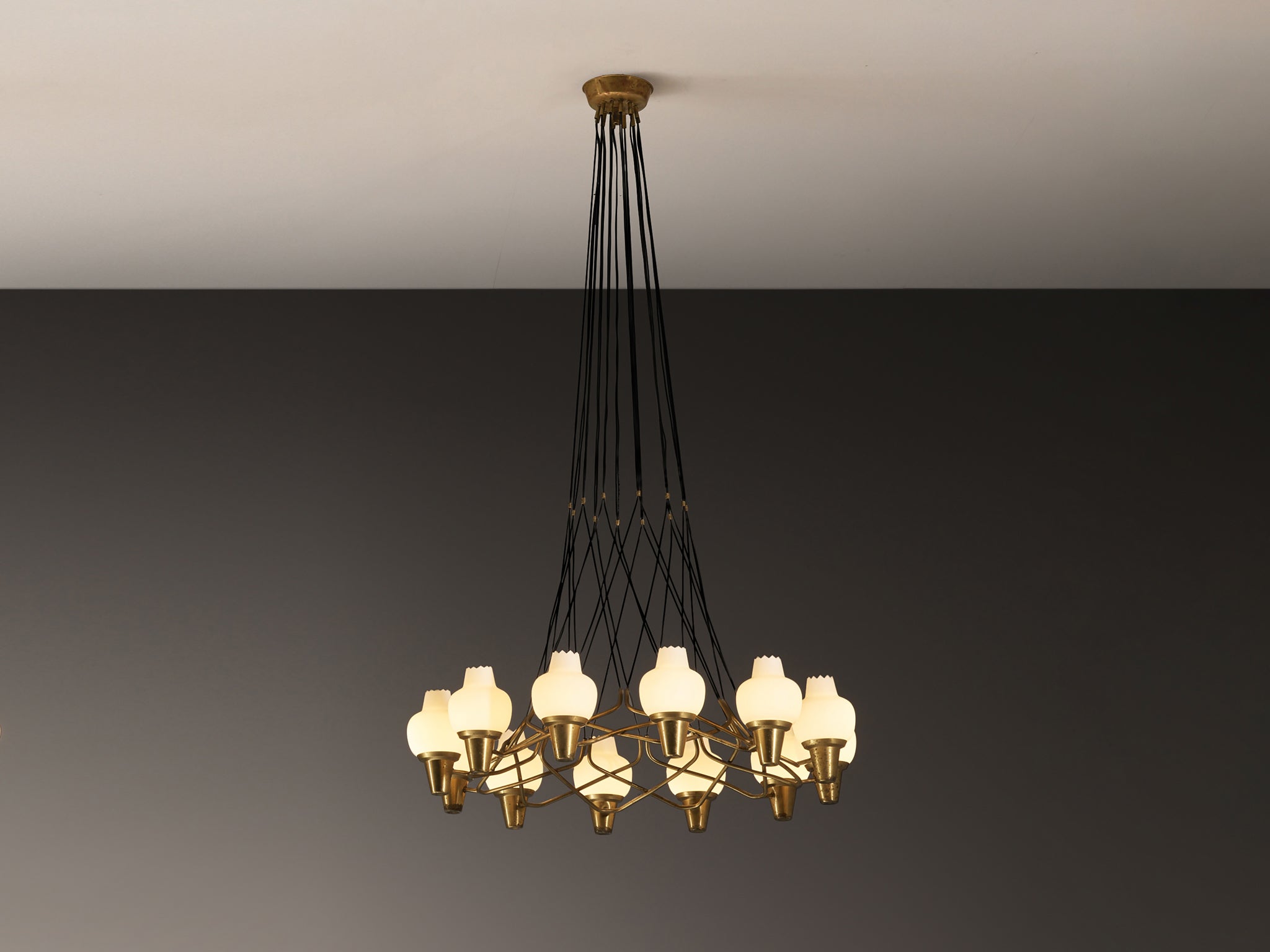 Hans Bergström for Ateljé Lyktan Chandeliers in Brass and Frosted White Glass Lighting Morentz