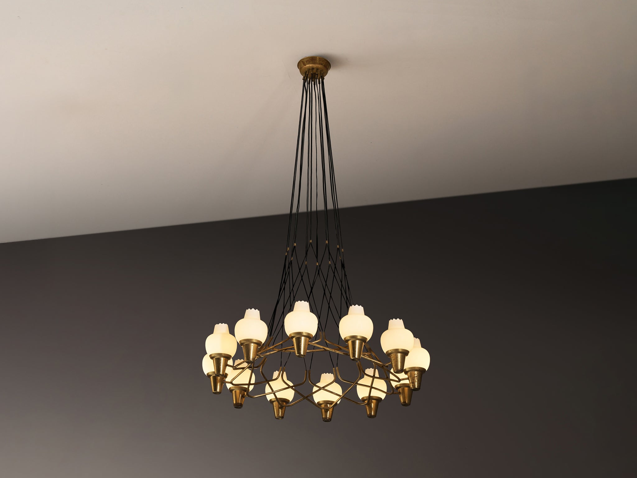 Hans Bergström for Ateljé Lyktan Chandeliers in Brass and Frosted White Glass Lighting Morentz