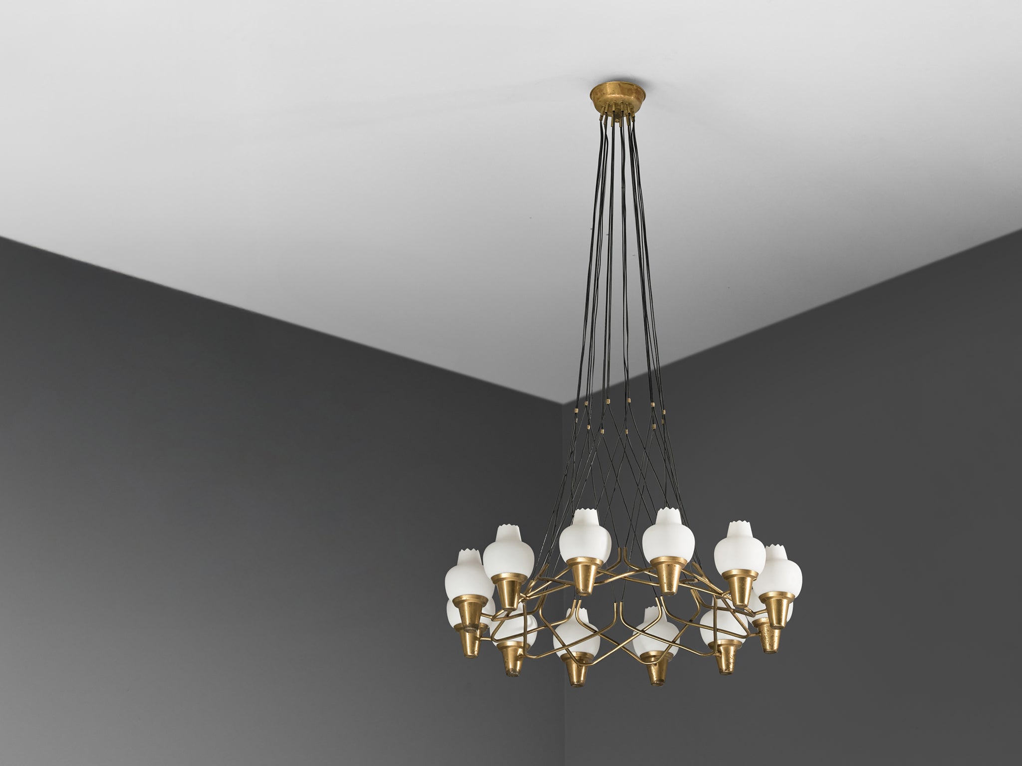 Hans Bergström for Ateljé Lyktan Chandeliers in Brass and Frosted White Glass Lighting Morentz