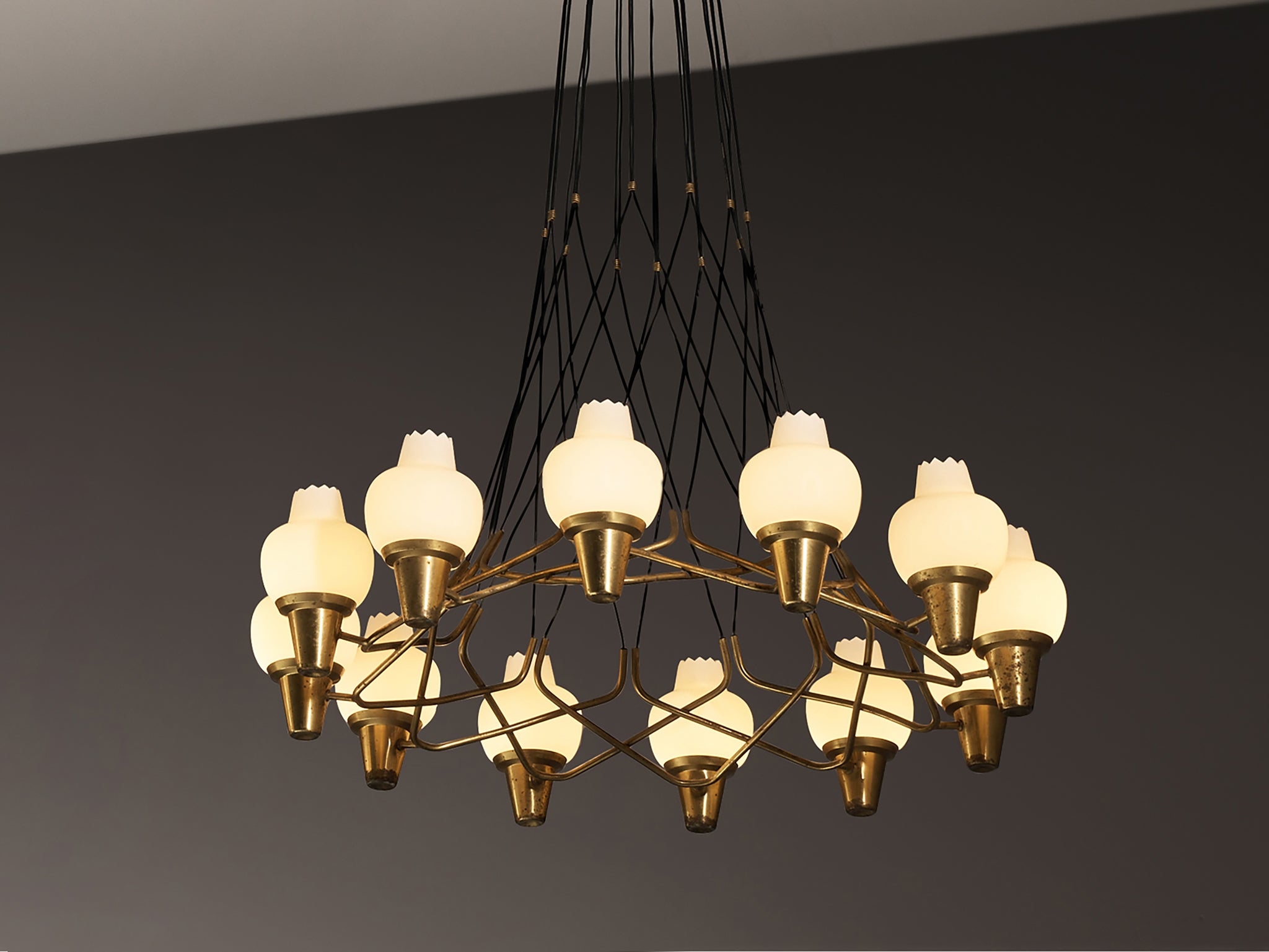 Hans Bergström for Ateljé Lyktan Chandeliers in Brass and Frosted White Glass Lighting Morentz