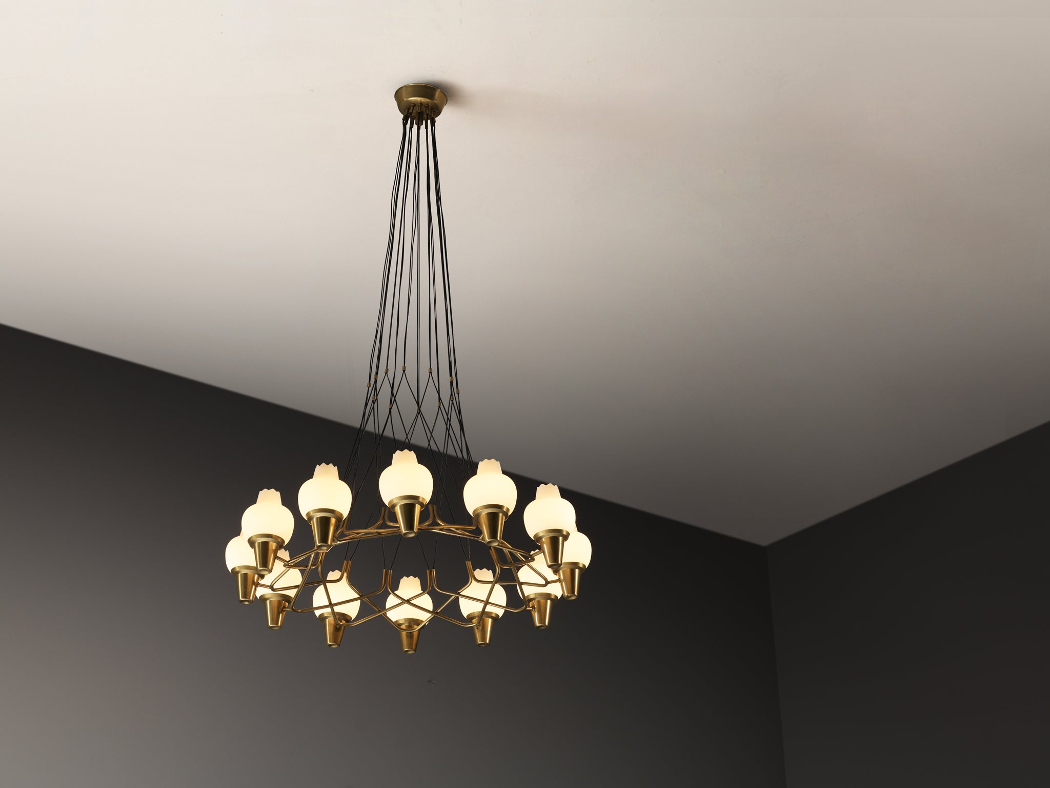 Hans Bergström for Ateljé Lyktan Chandelier in Brass and Frosted White Glass Lighting Morentz