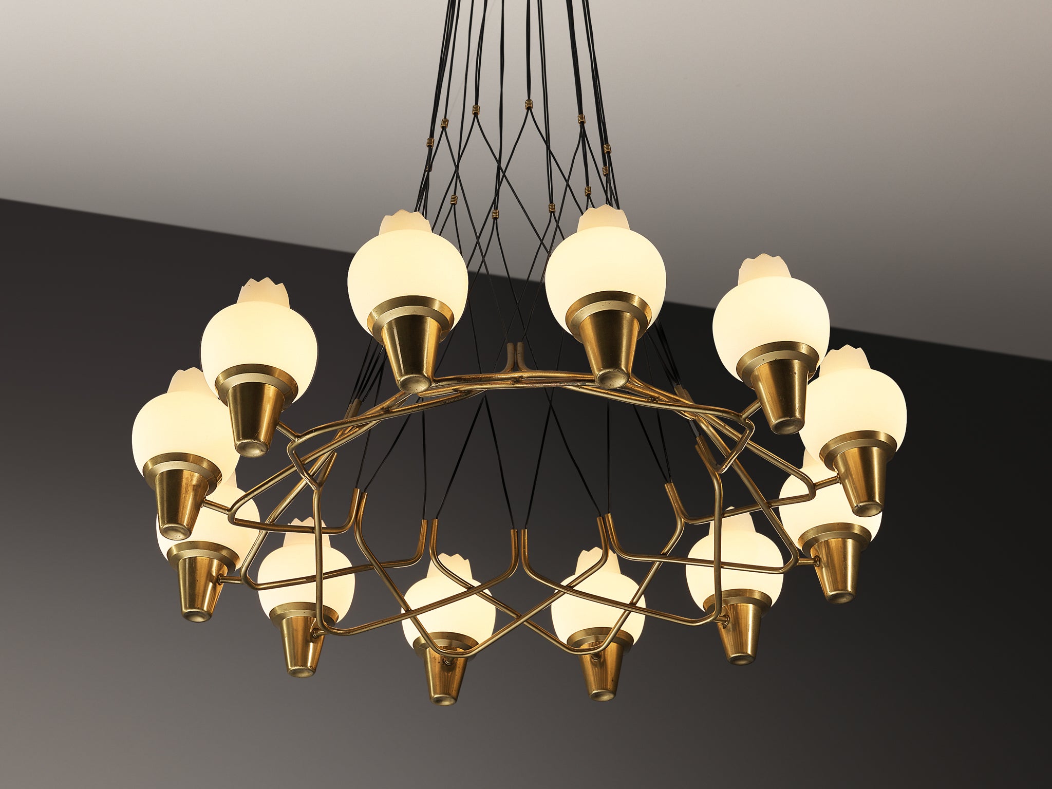 Hans Bergström for Ateljé Lyktan Chandelier in Brass and Frosted White Glass Lighting Morentz