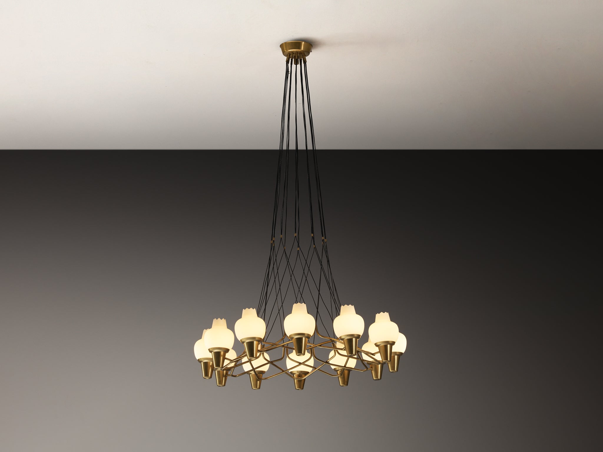 Hans Bergström for Ateljé Lyktan Chandelier in Brass and Frosted White Glass Lighting Morentz