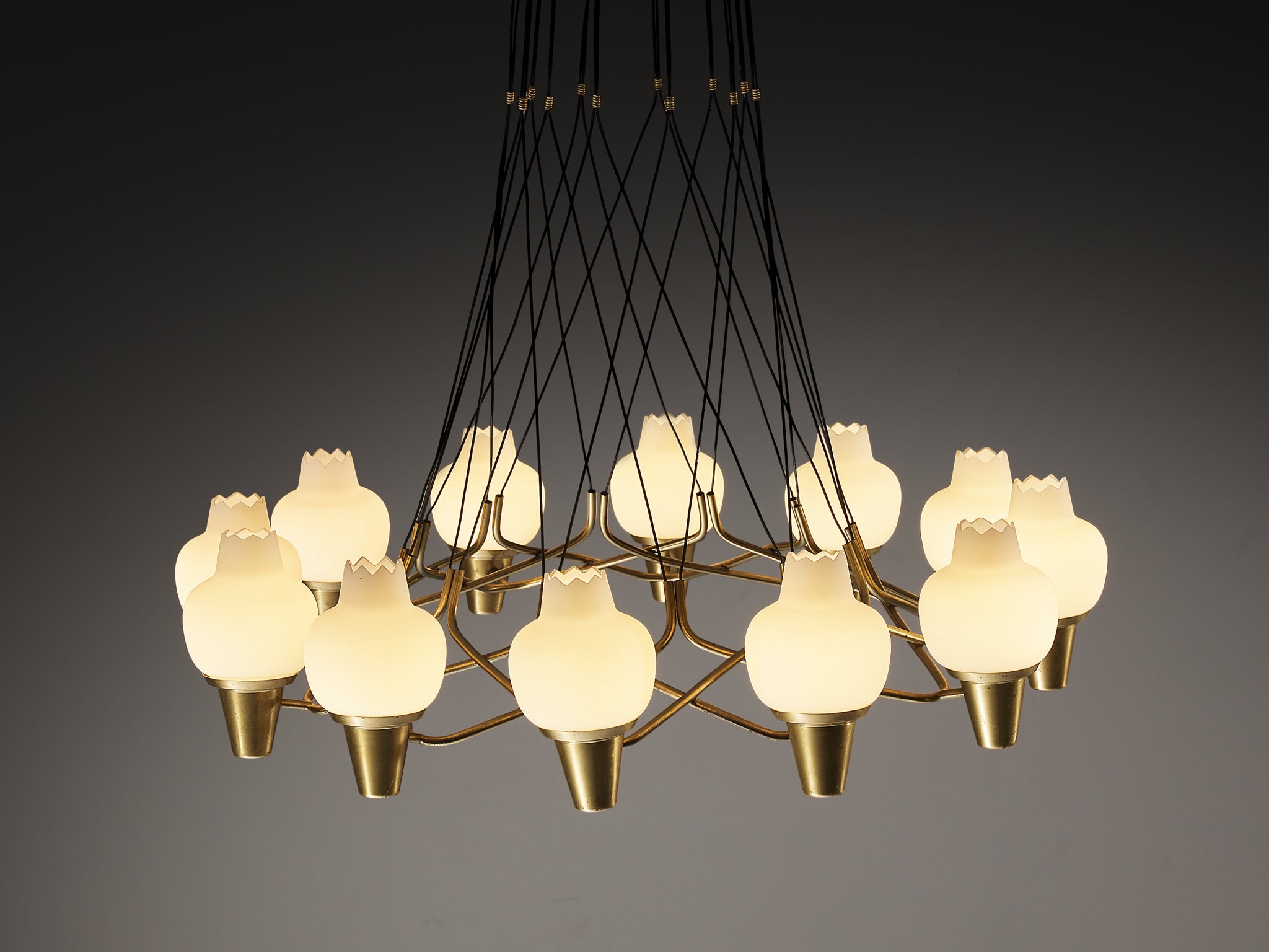 Hans Bergström for Ateljé Lyktan Chandelier in Brass and Frosted White Glass Lighting Morentz