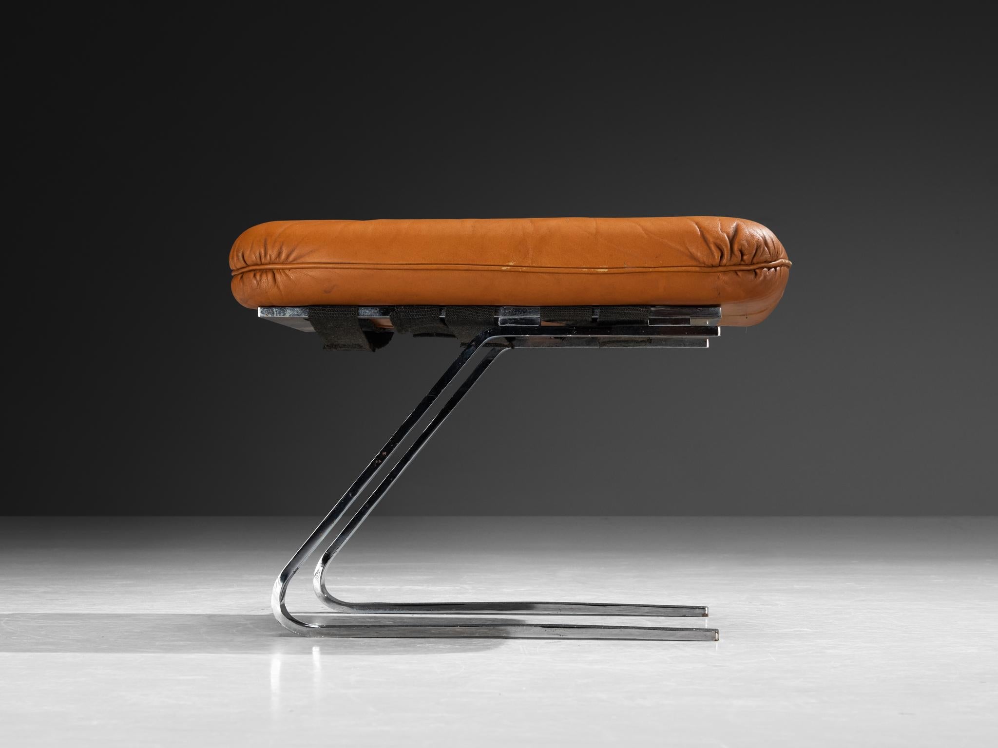 Ottoman in Cognac Leather and Chromed Metal Base seating Morentz
