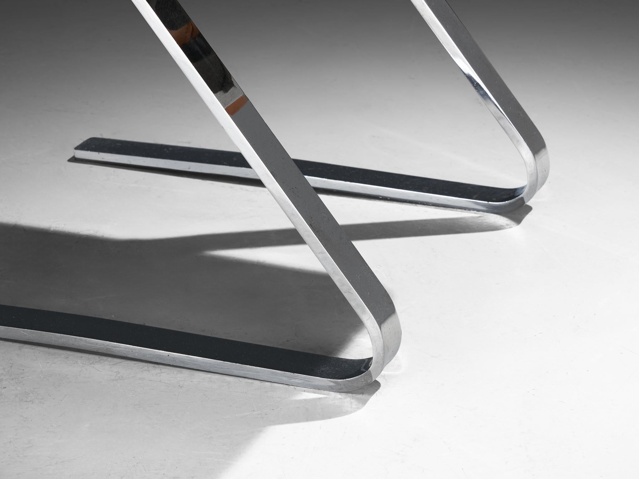 Ottoman in Cognac Leather and Chromed Metal Base seating Morentz