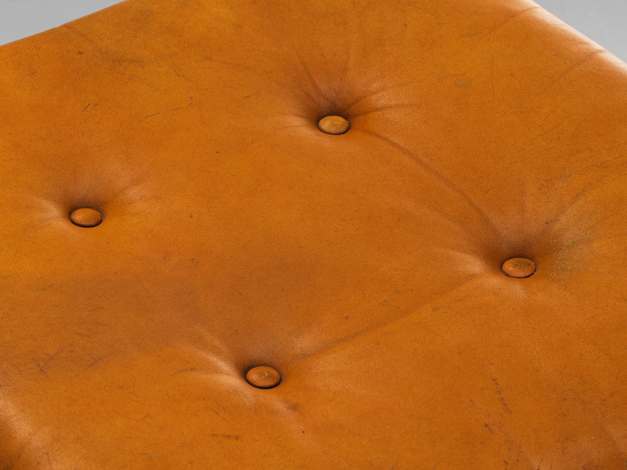 Ottoman in Cognac Leather and Chromed Metal Base seating Morentz