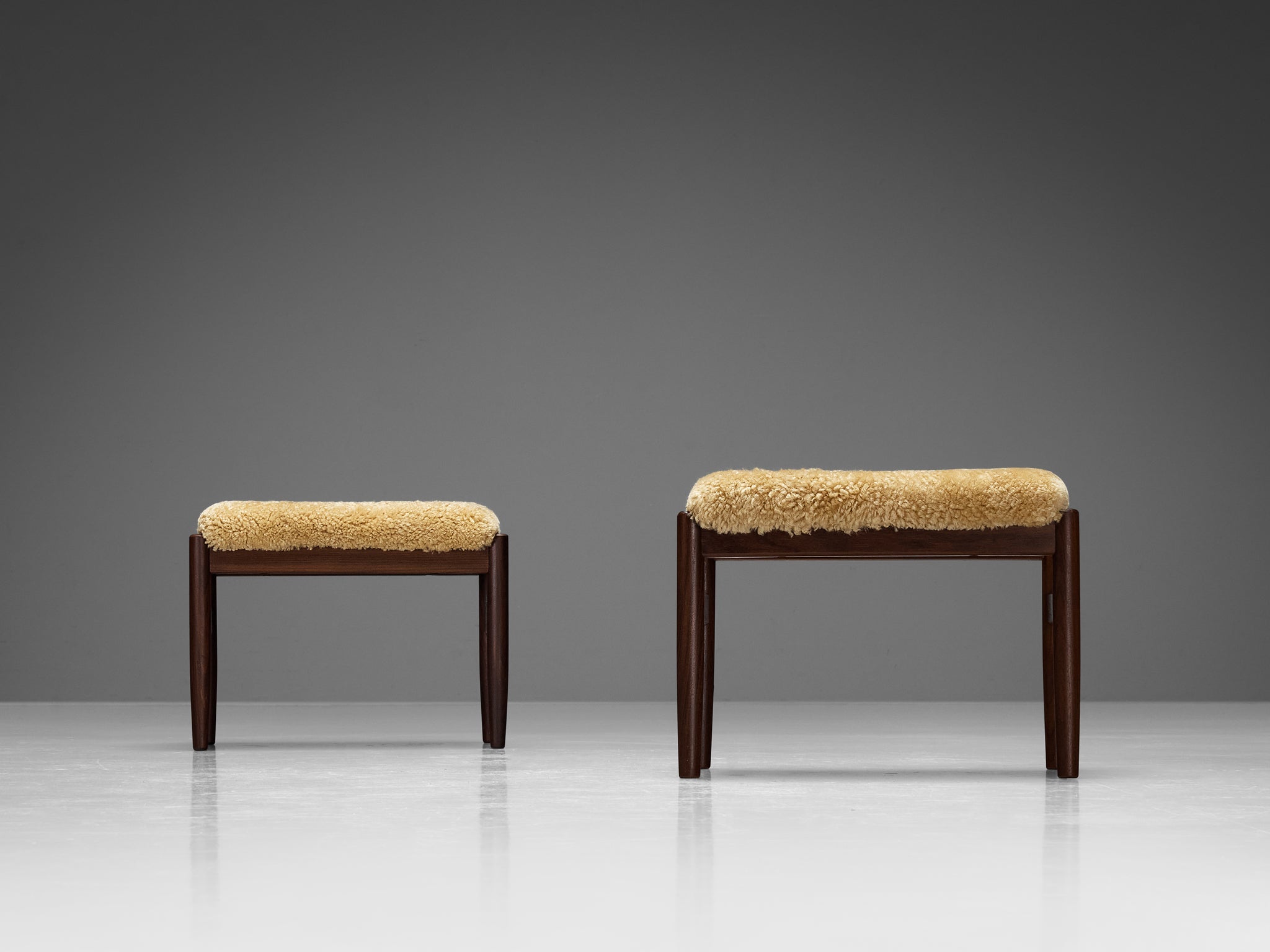 Scandinavian Stools in Teak and Shearling Upholstery seating Morentz