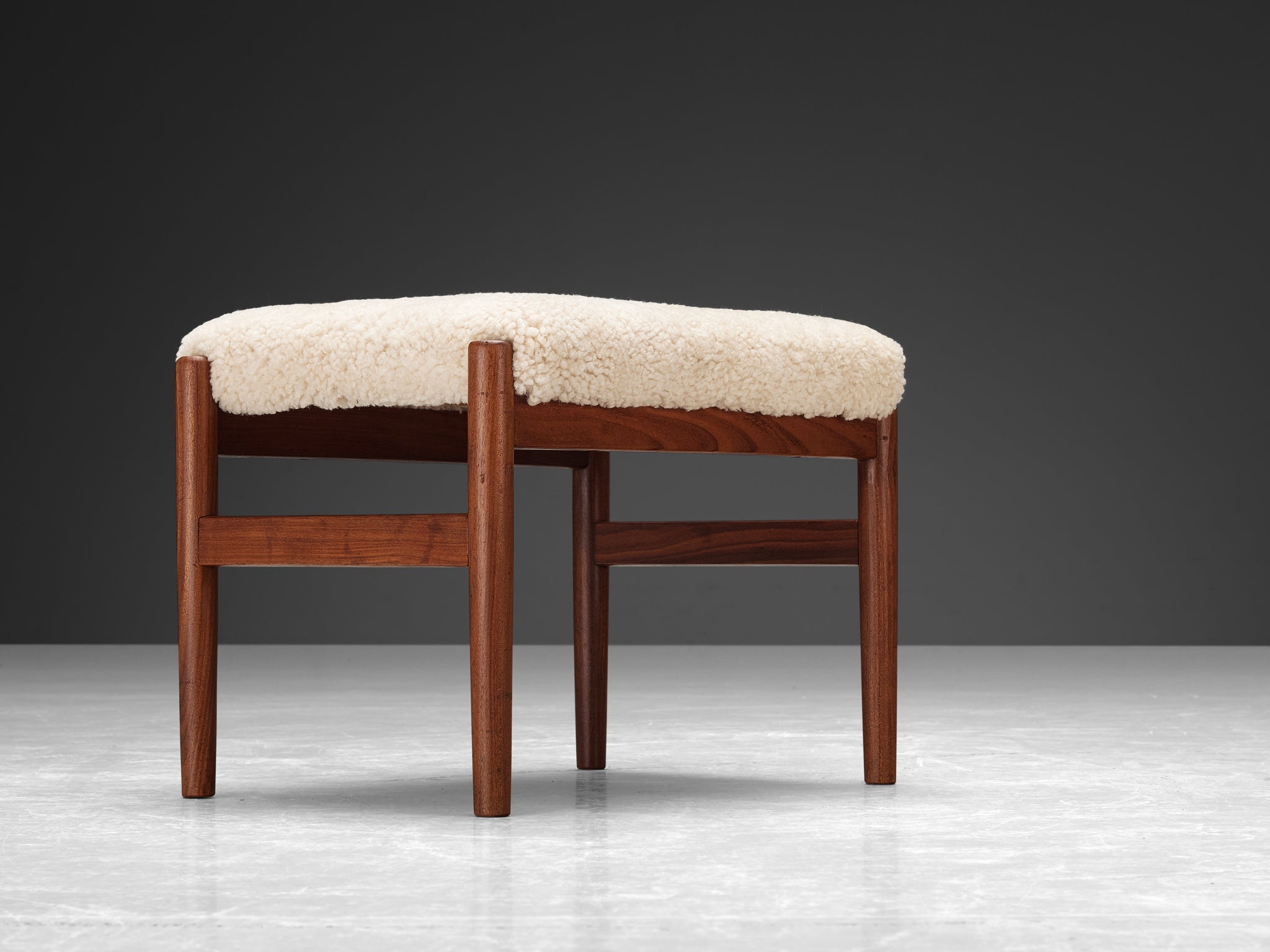 Scandinavian Stool in Teak and Shearling Upholstery seating Morentz