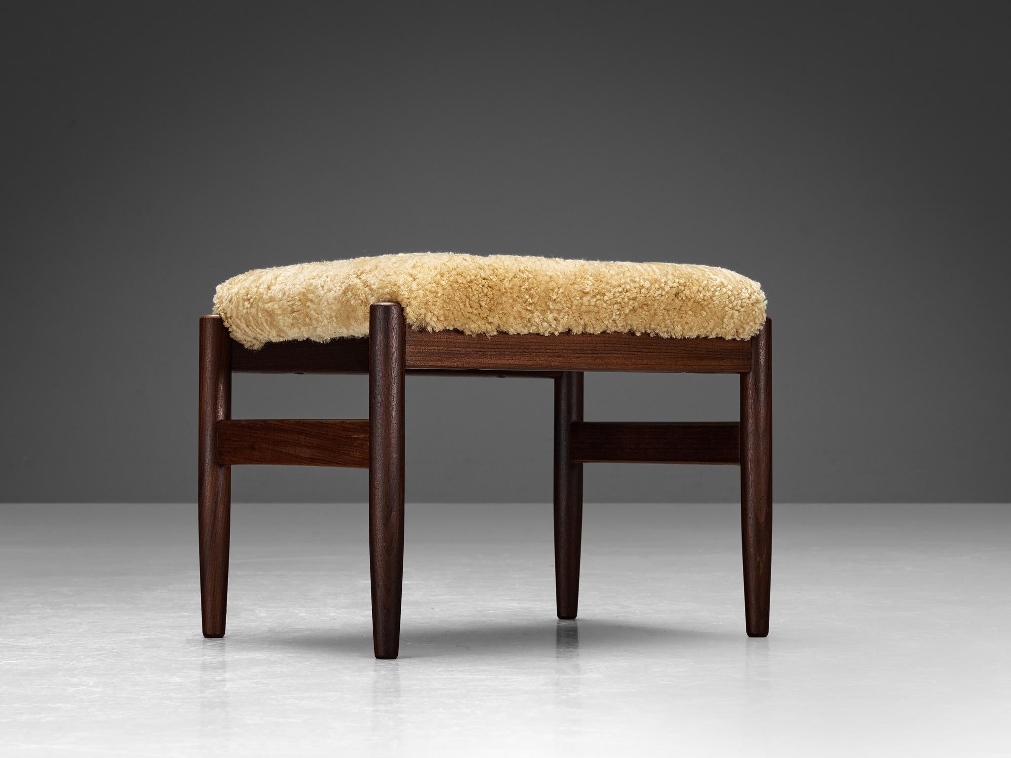 Scandinavian Stool in Teak and Shearling Upholstery seating Morentz