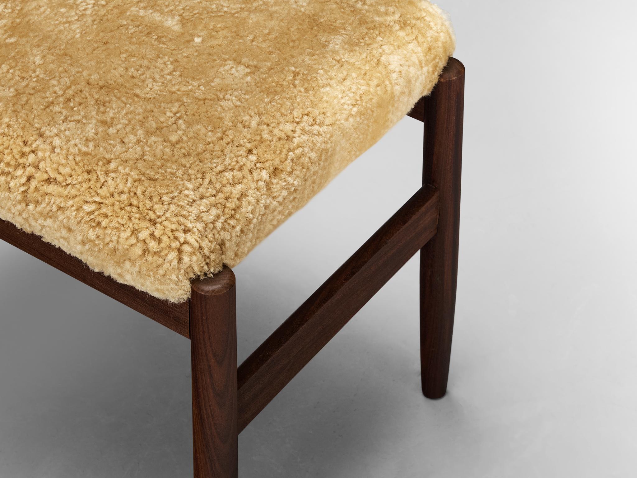 Scandinavian Stool in Teak and Shearling Upholstery seating Morentz