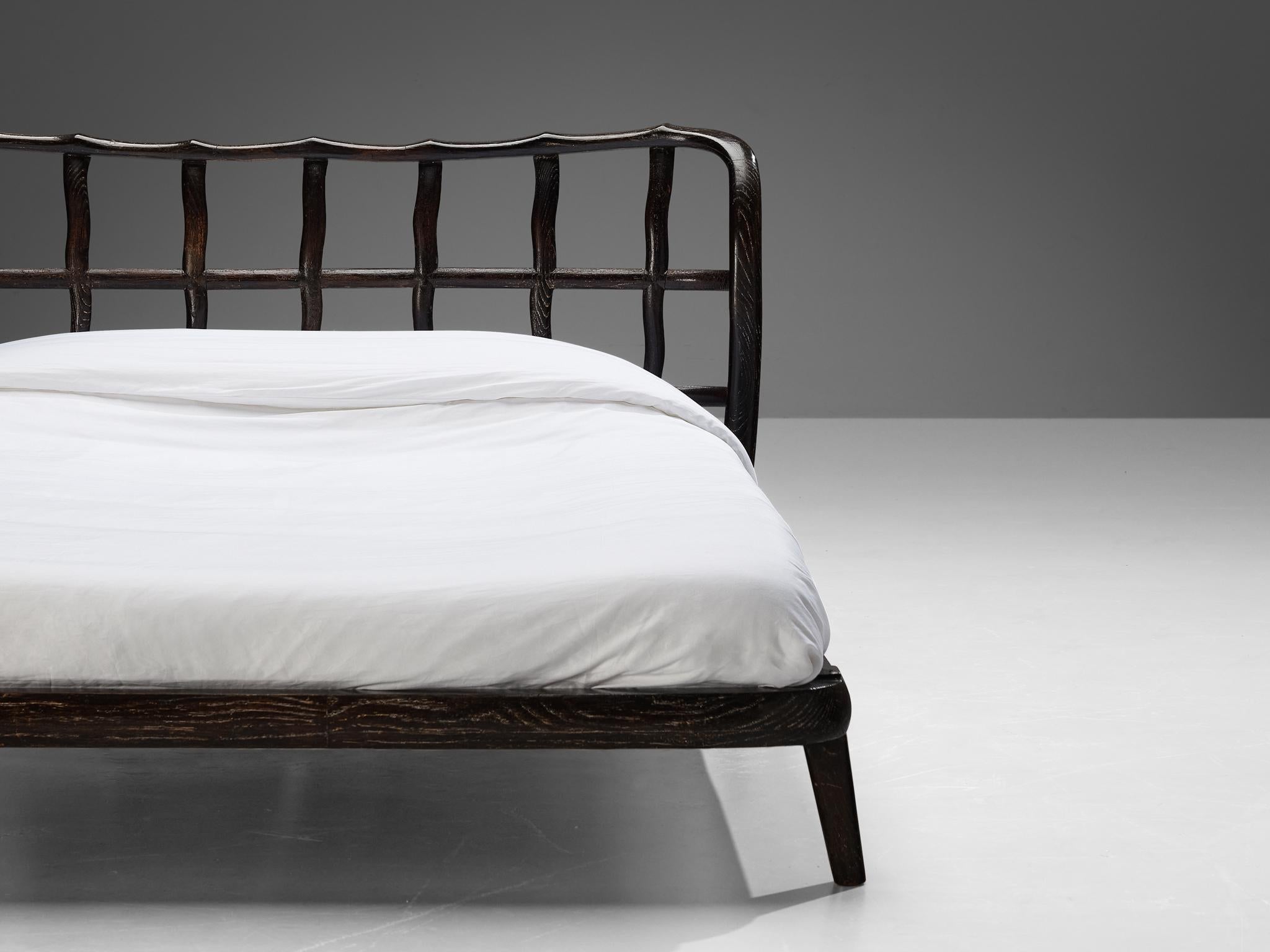 1940s Italian Double Bed with Carved Sculpted Frame in Cerused Chestnut more furniture and collectibles Morentz