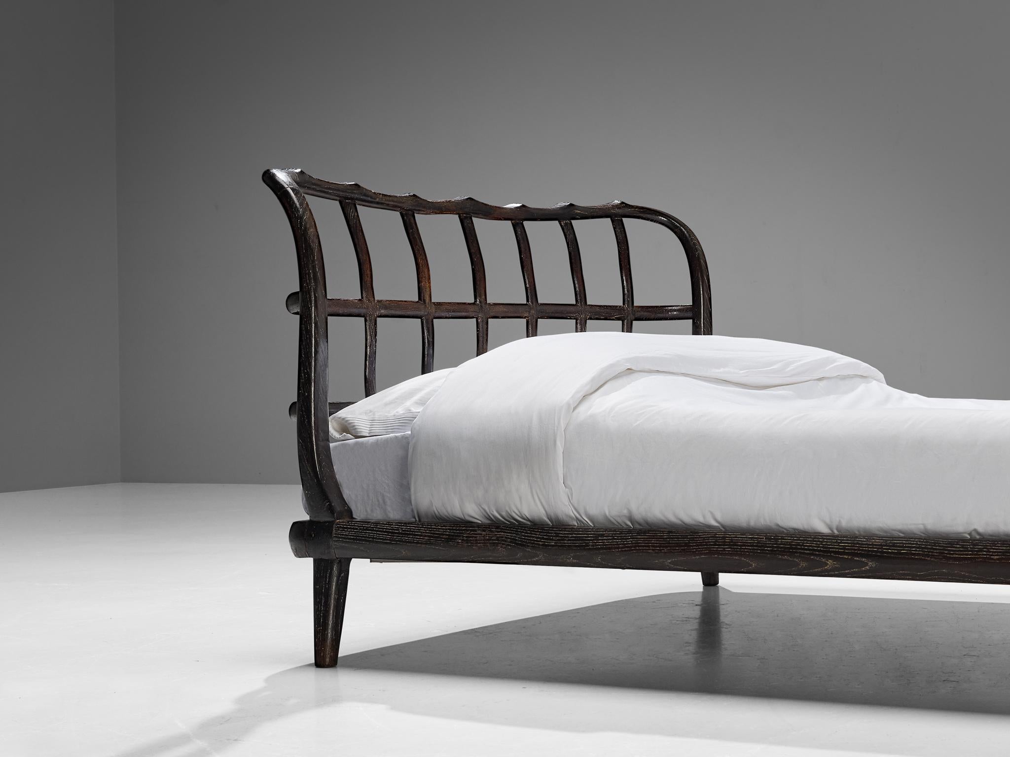 1940s Italian Double Bed with Carved Sculpted Frame in Cerused Chestnut more furniture and collectibles Morentz