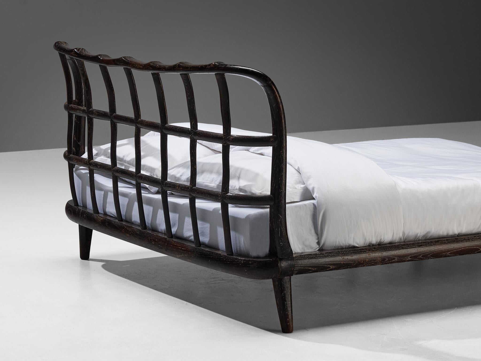 1940s Italian Double Bed with Carved Sculpted Frame in Cerused Chestnut more furniture and collectibles Morentz