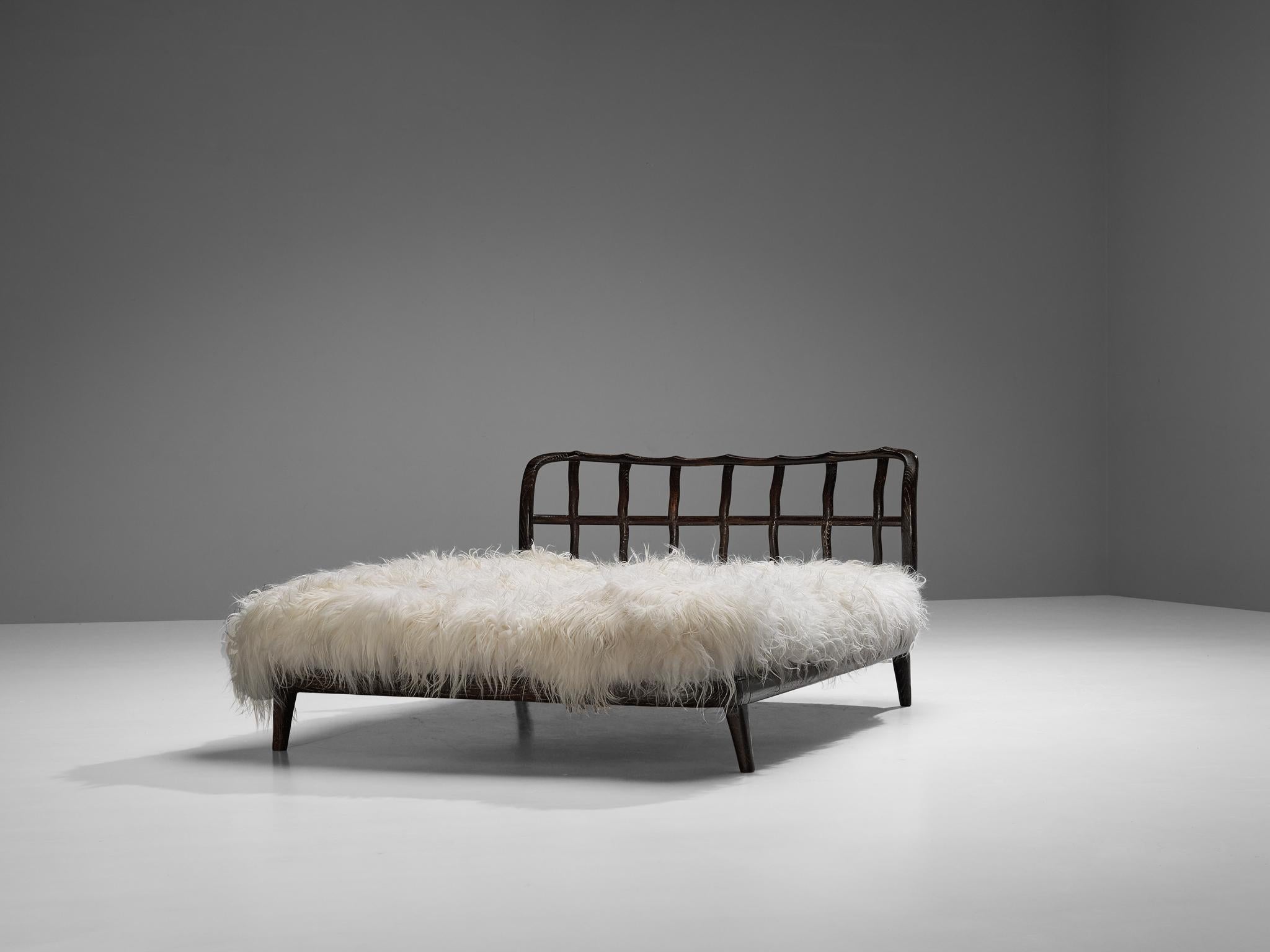 1940s Italian Double Bed with Carved Sculpted Frame in Cerused Chestnut more furniture and collectibles Morentz