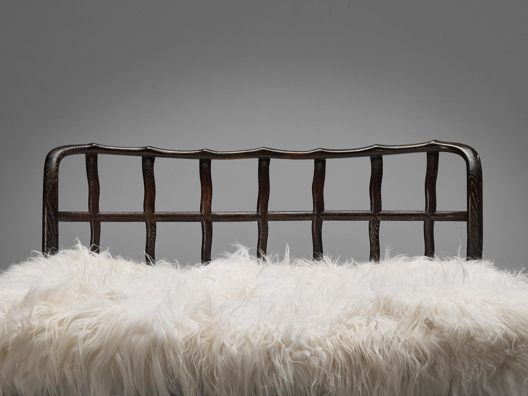 1940s Italian Double Bed with Carved Sculpted Frame in Cerused Chestnut