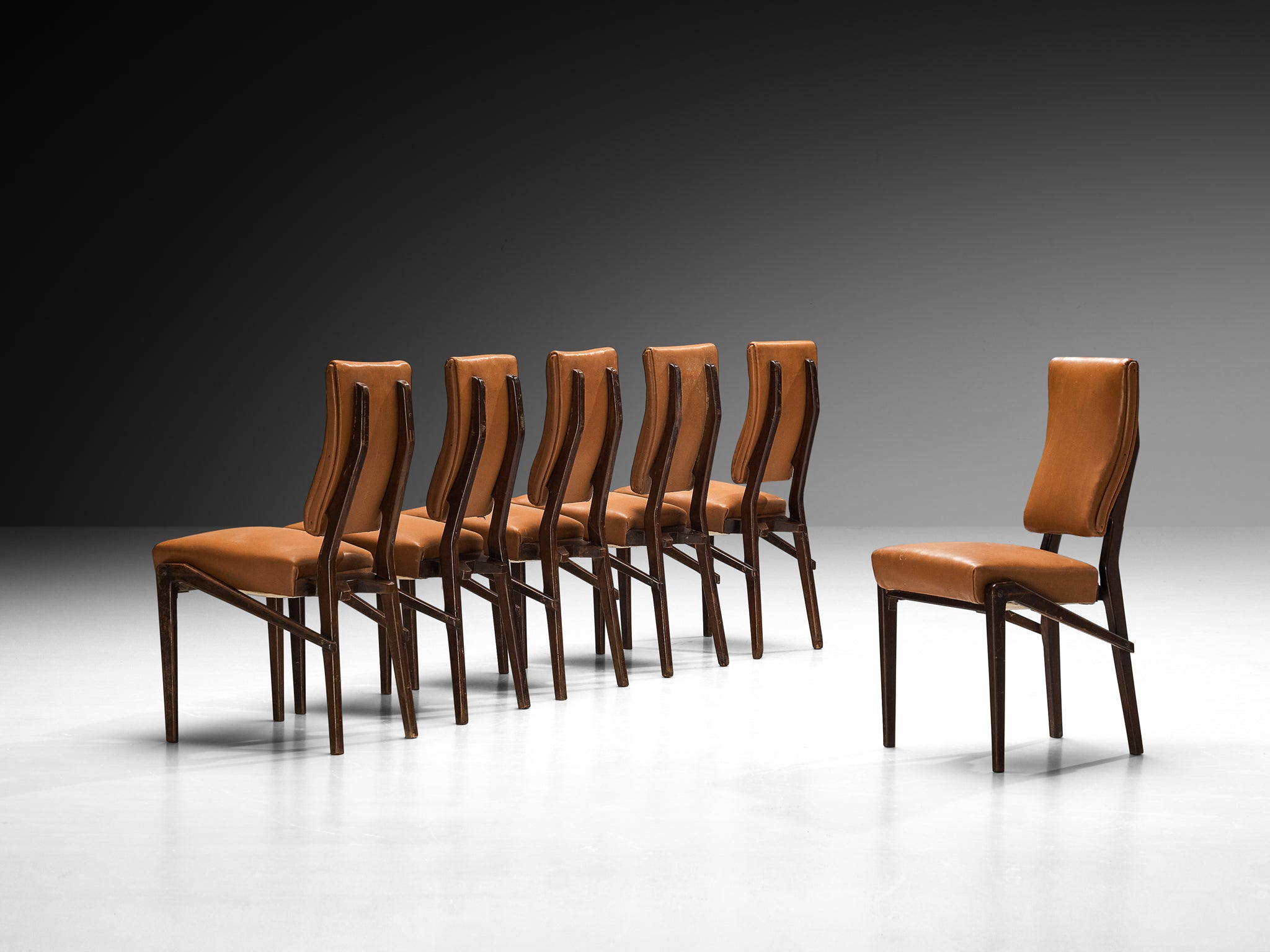 Unique Mario Oreglia Set of Six Dining Chairs with Sculptural Wooden Frame Seating Morentz