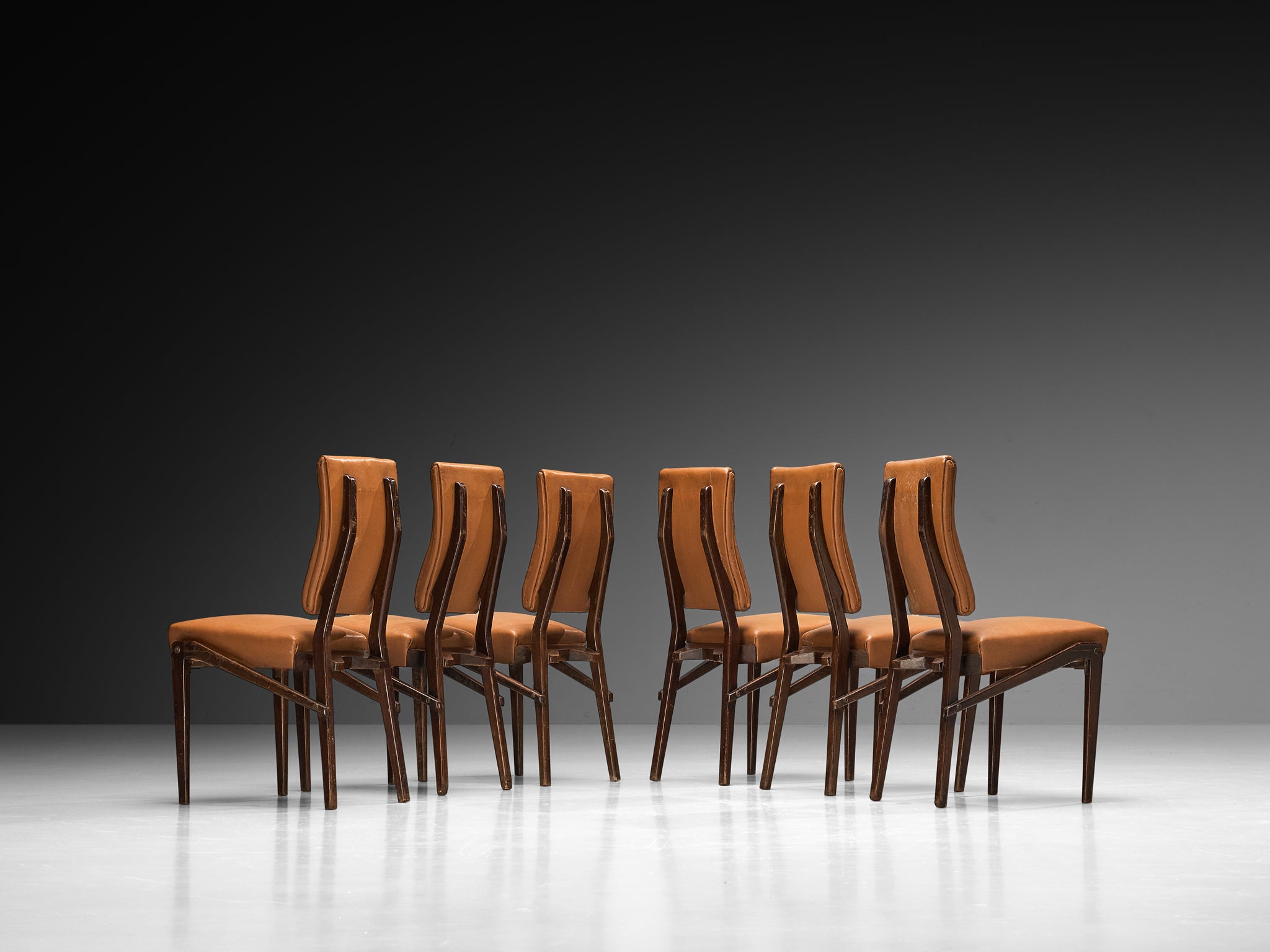 Unique Mario Oreglia Set of Six Dining Chairs with Sculptural Wooden Frame Seating Morentz
