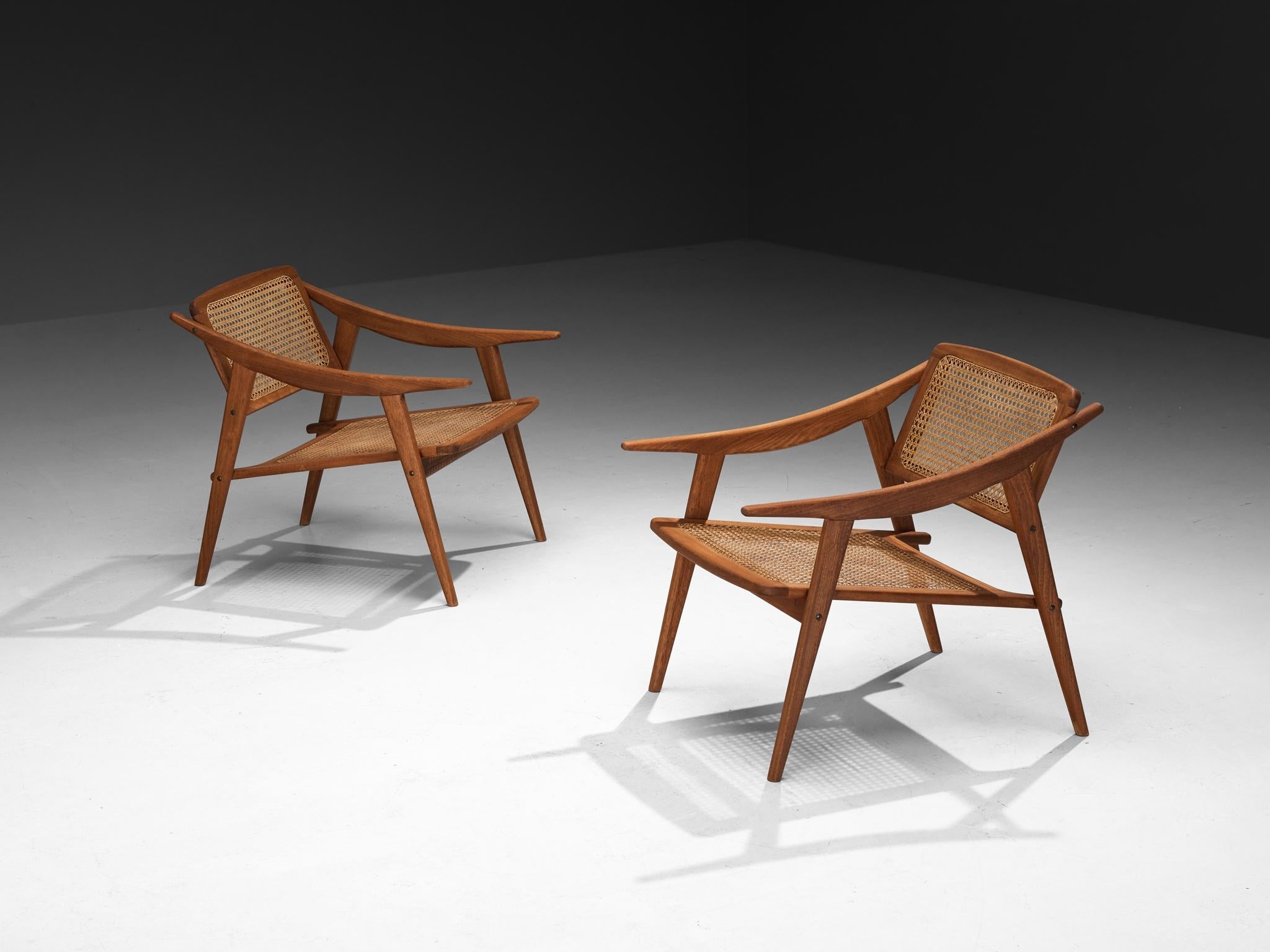 Michel Ducaroy for SNA Roset Pair of Lounge Chairs in Teak and Cane seating Morentz